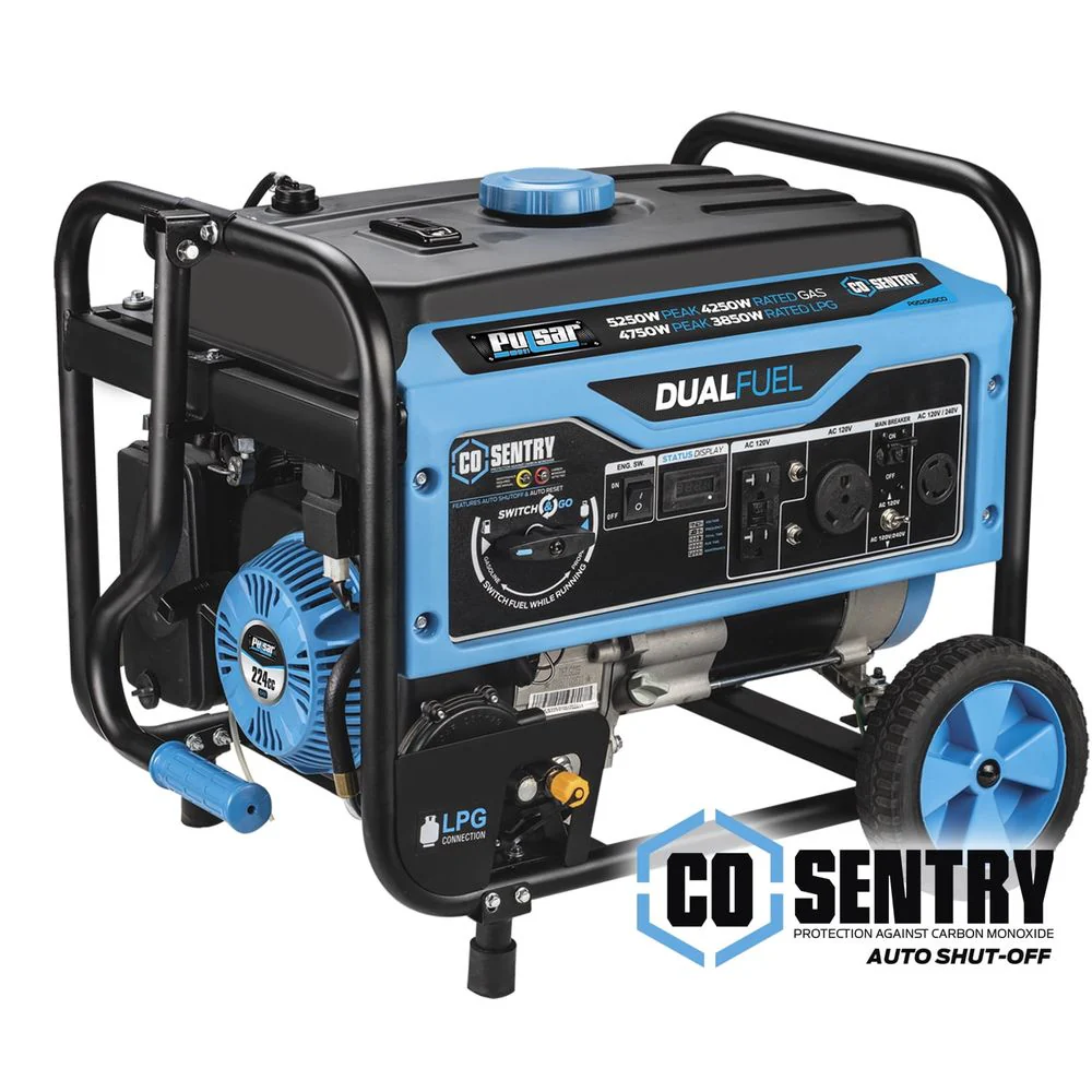 Pulsar Products Inc Dual Fuel Portable Generator 5250 Peak Watts 224cc Engine Powder-Coated Steel Frame PG5250BCO