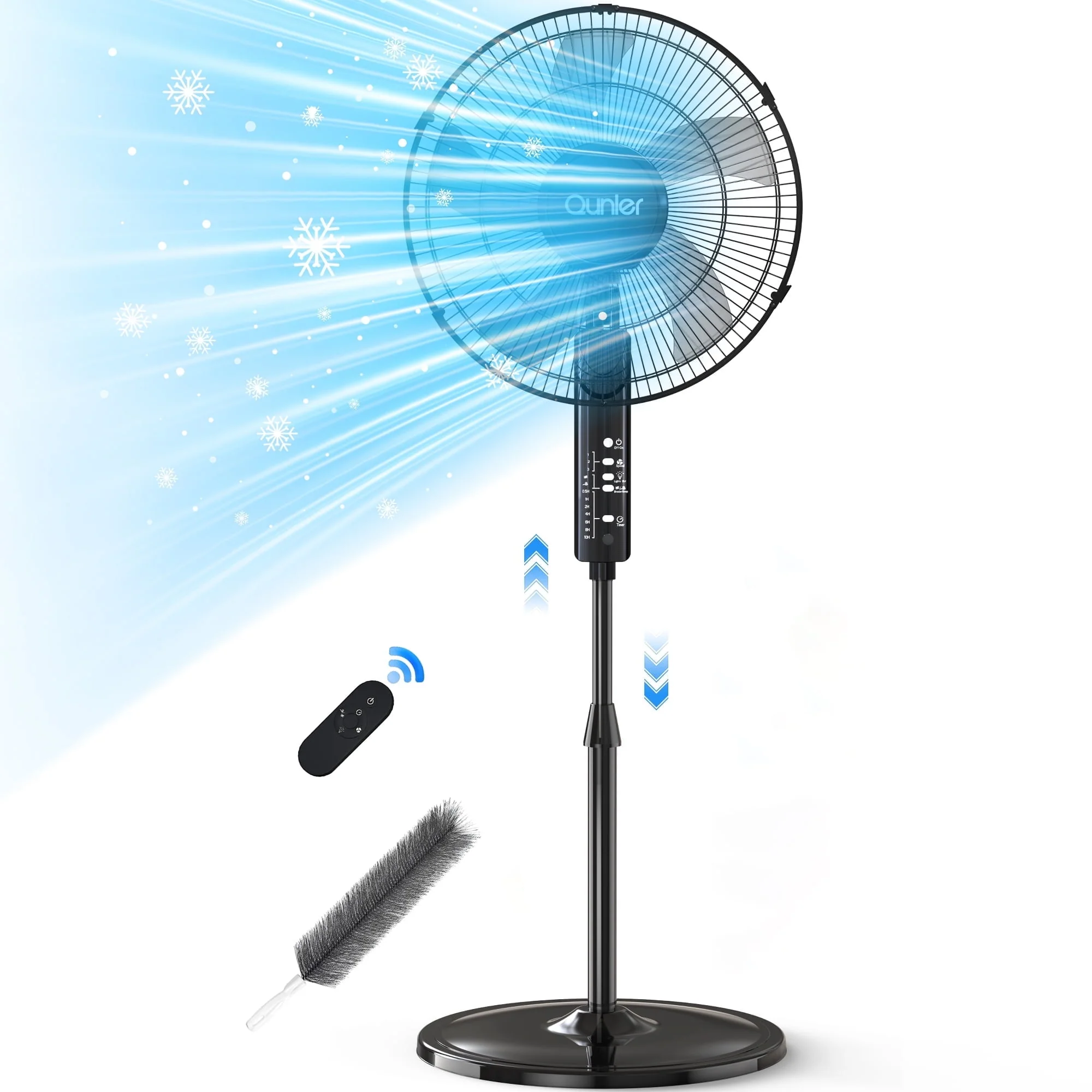 Qunler 16" Pedestal Fan, 5-Blade Design, Remote Control, 3-Speed, Height Adjustable 40-48 in, 10-Hour Timer, Oscillating, Black