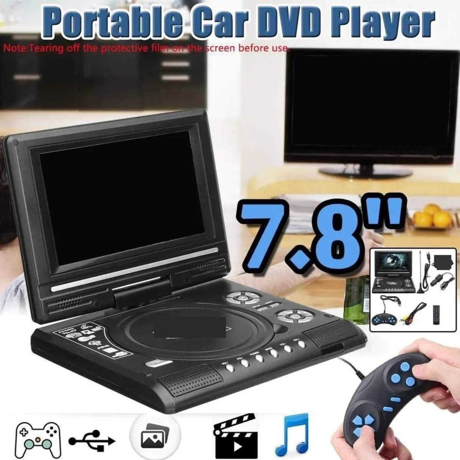 Rainyu 26Pcs 7.8 Inch TV Home Car DVD Player Portable HD VCD CD MP3 HD DVD Player USB RCA Portable - Image 4