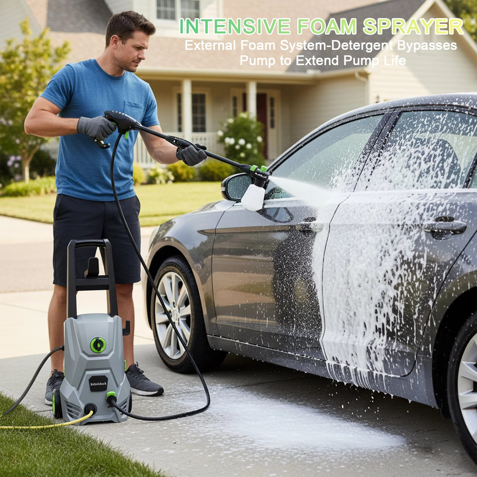 Rebelduck PW01GG 4000 PSI Electric Pressure Washer, 2.6 GPM, 4-in-1 Adjustable Nozzle 0-120, Foam Cannon, 23 ft Hose, 35 ft Power Cord, Portable with Wheels - Image 6
