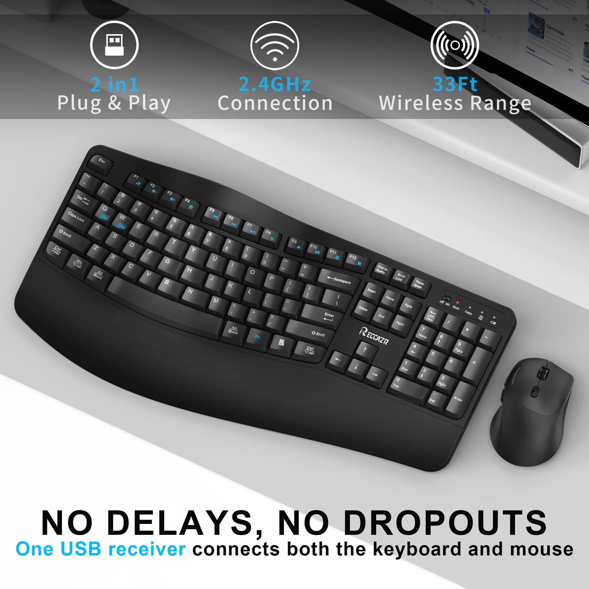 RECCAZR EK30 Wireless Keyboard and Mouse Combo, Ergonomic Wave Keys Keyboard with Wrist Rest, Black - Image 3