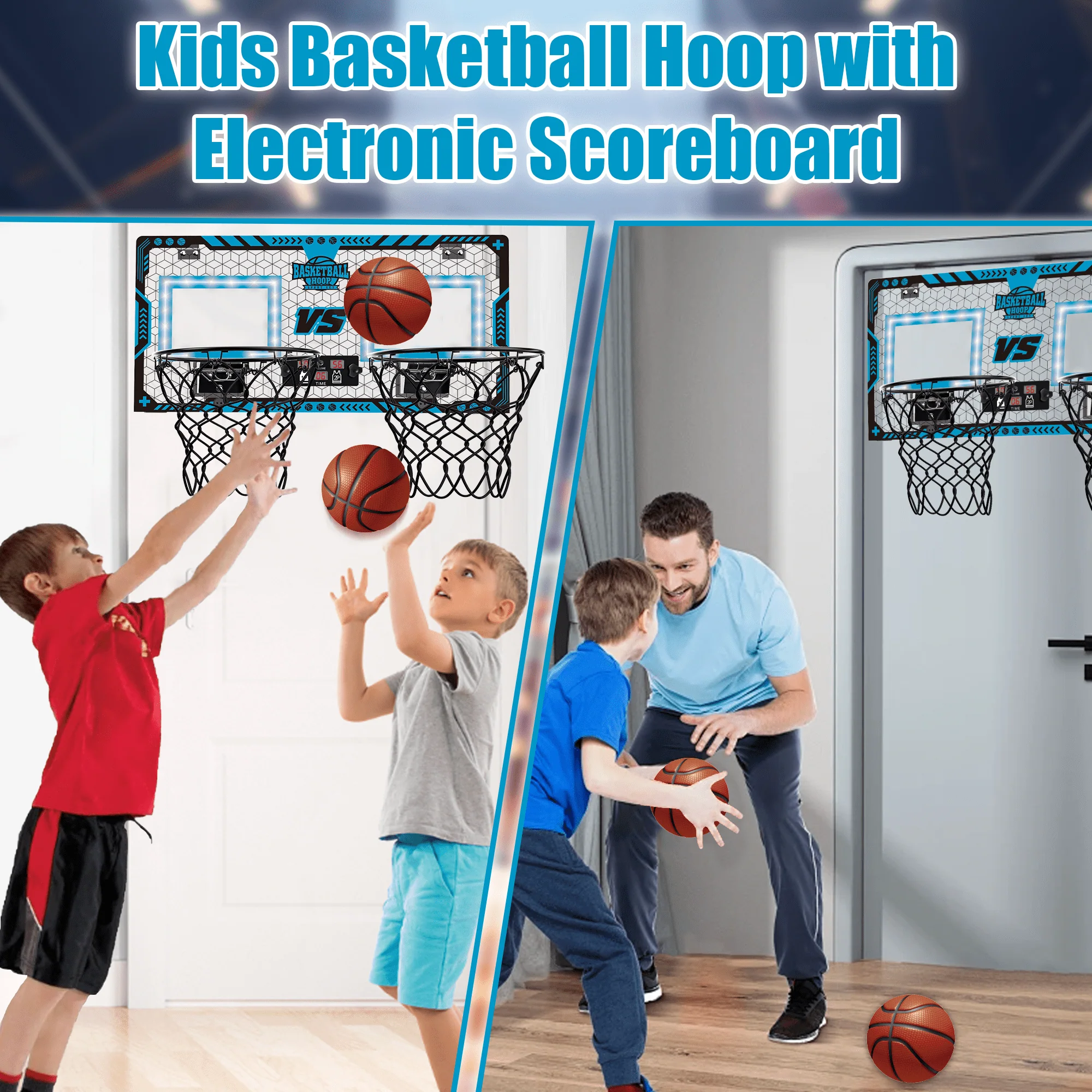 Richgv 2 Player Indoor Over-the-Door Basketball Hoop with Electronic Scoreboard, LED Lights, Sound Effects, Includes 2 Mini Basketballs and Pump - Image 2
