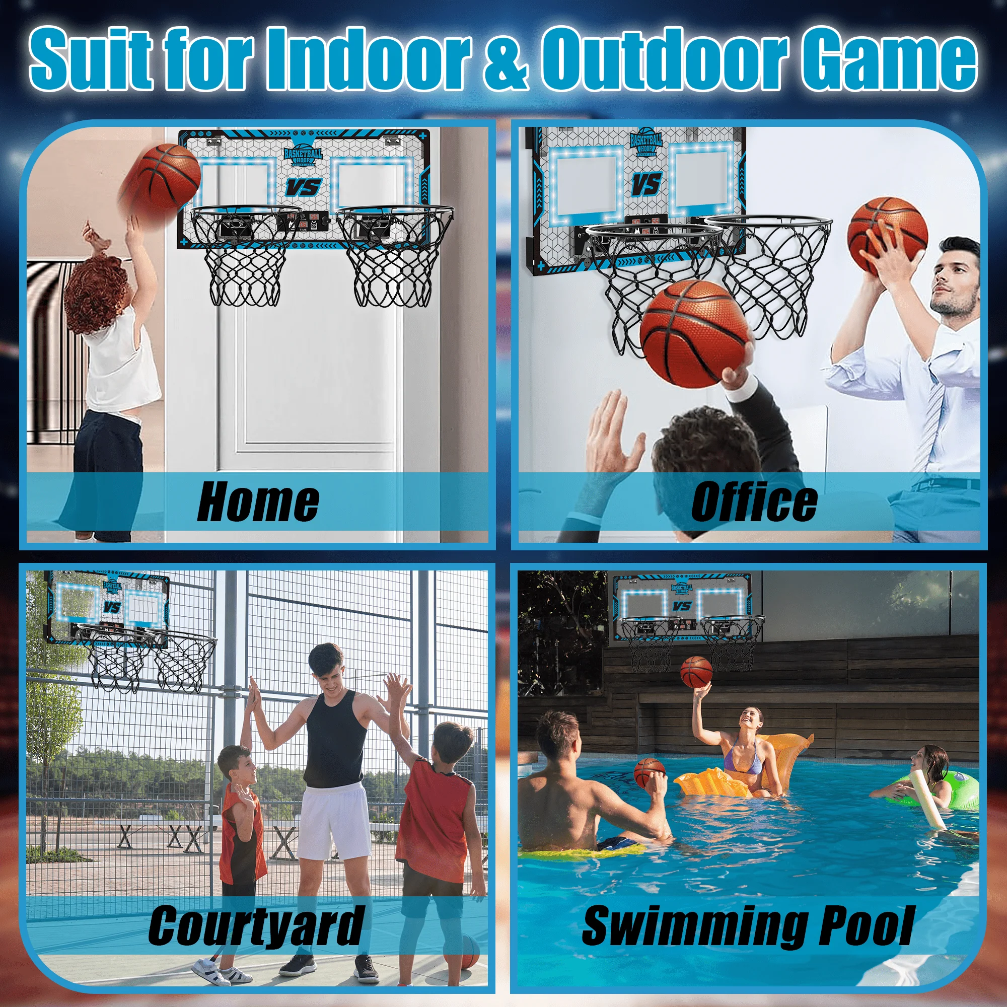 Richgv 2 Player Indoor Over-the-Door Basketball Hoop with Electronic Scoreboard, LED Lights, Sound Effects, Includes 2 Mini Basketballs and Pump - Image 6