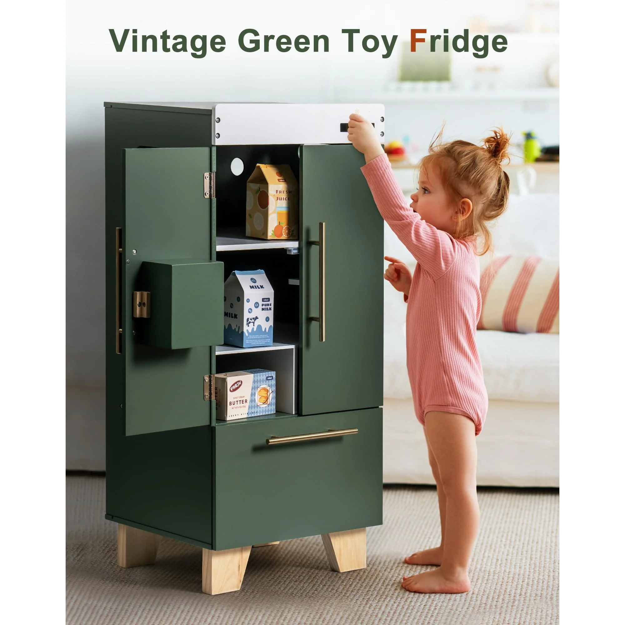Robud Wooden Pretend Play Toy Fridge Play Kitchen Set for Kids, Green - 31.8" L x 11" W x 31.9" H - Image 3