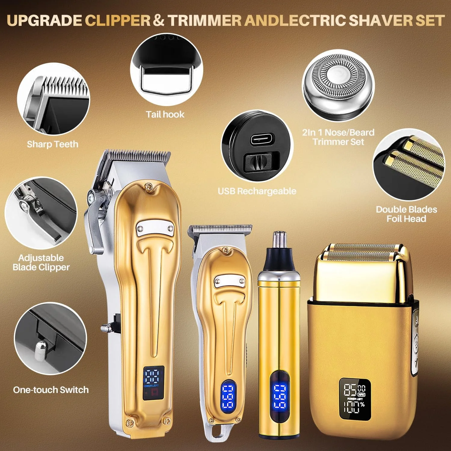 Roziapro RFCD-9551 Cordless Hair Clippers and Shaver Set, Rechargeable Grooming Kit with High Carbon Steel Blades, LED Display, 22-Piece for Head, Beard, Nose, Body - Image 2