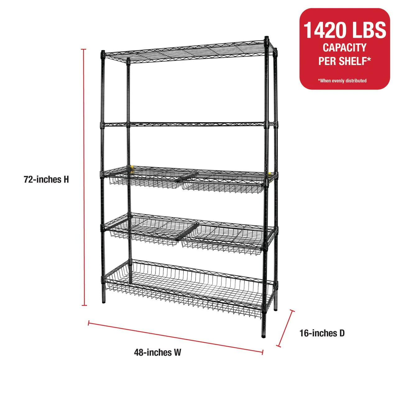 Rubbermaid 85030B 5-Tier Deluxe Heavy Duty Black Wire Shelving Unit with Drawers and Basket, 1520 lb Capacity, 48 in W x 16 in D x 72 in H - Image 2