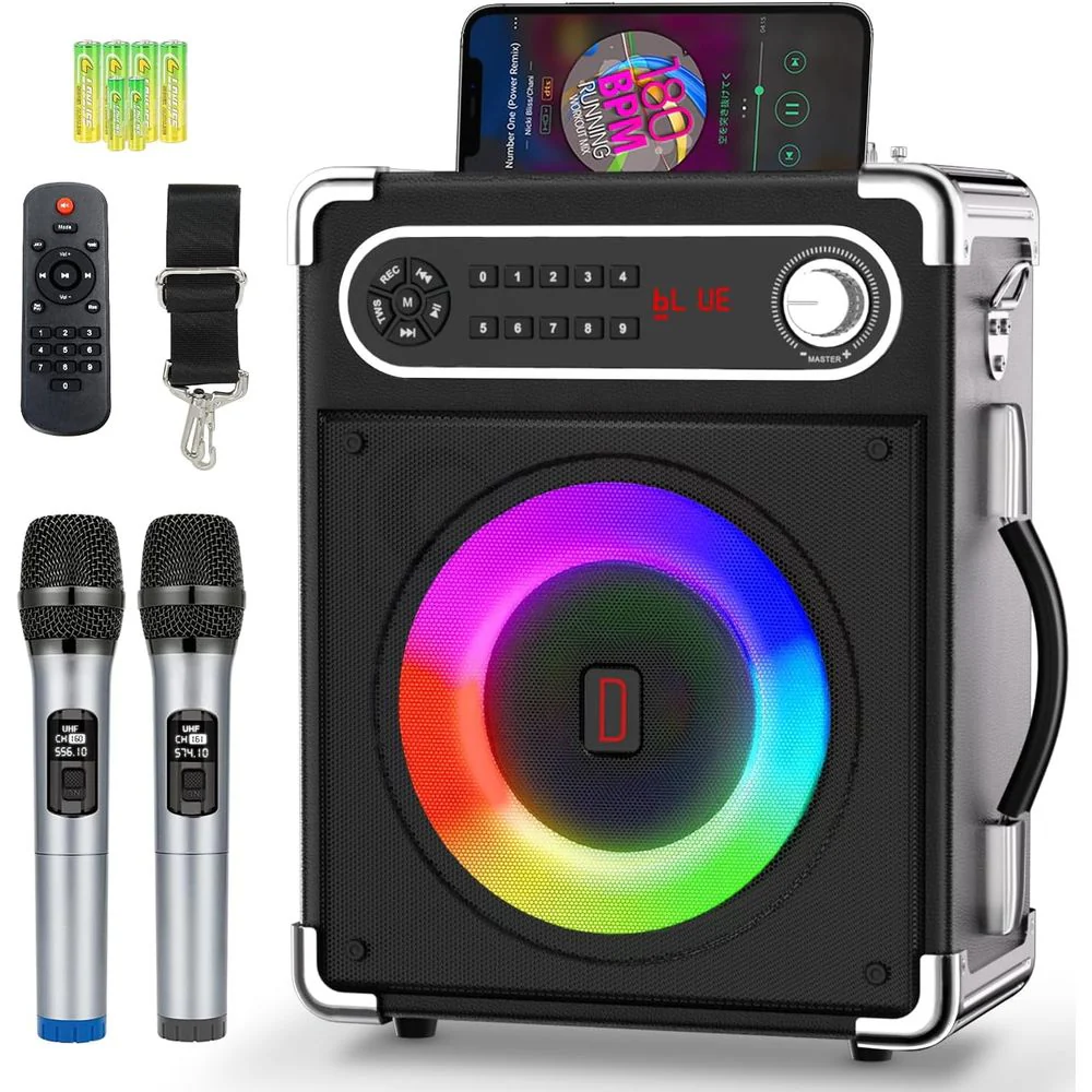 Rybozen Karaoke Machine with 2 Wireless Microphones, Portable Bluetooth 5.1 Speaker, Bass and Treble Adjustment, Disco LED Lights, Remote Control, Adjustable Shoulder Strap, Black, 2 Pieces