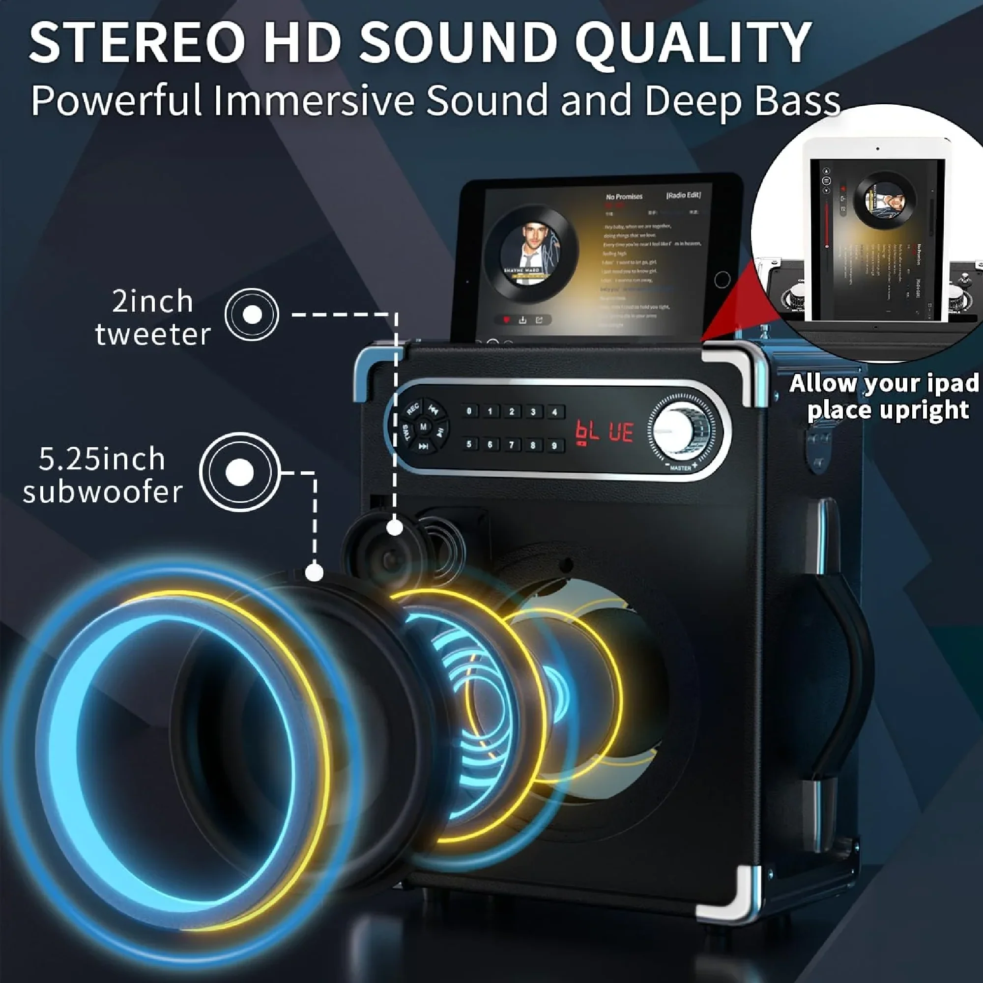 Rybozen Karaoke Machine with 2 Wireless Microphones, Portable Bluetooth 5.1 Speaker, Bass and Treble Adjustment, Disco LED Lights, Remote Control, Adjustable Shoulder Strap, Black, 2 Pieces - Image 2