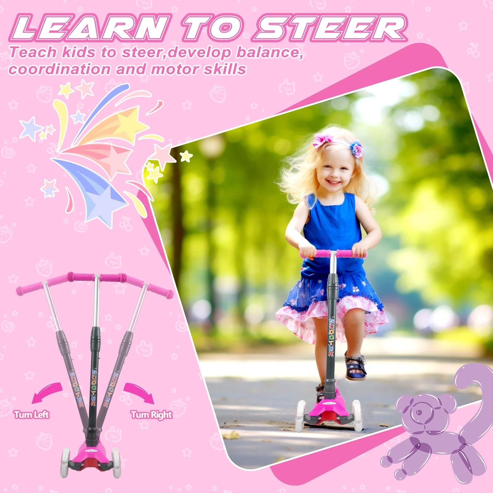 XJD 3 Wheel Kick Scooter for Kids, Pink - Image 2