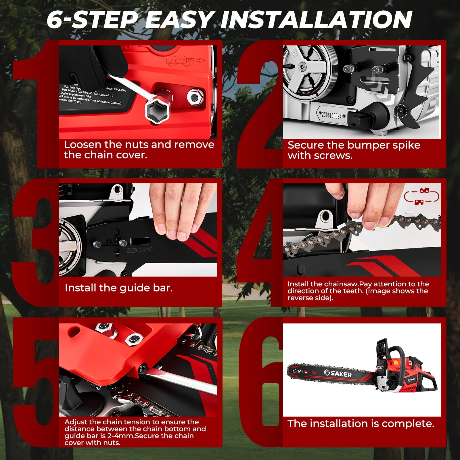 Saker 58cc Gas Chainsaw, 3.2HP 2-Cycle Engine, 20-Inch Manganese Steel Bar, Anti-Vibration Rear Handle, Safety Chain Brake, Model 5800 - Image 3