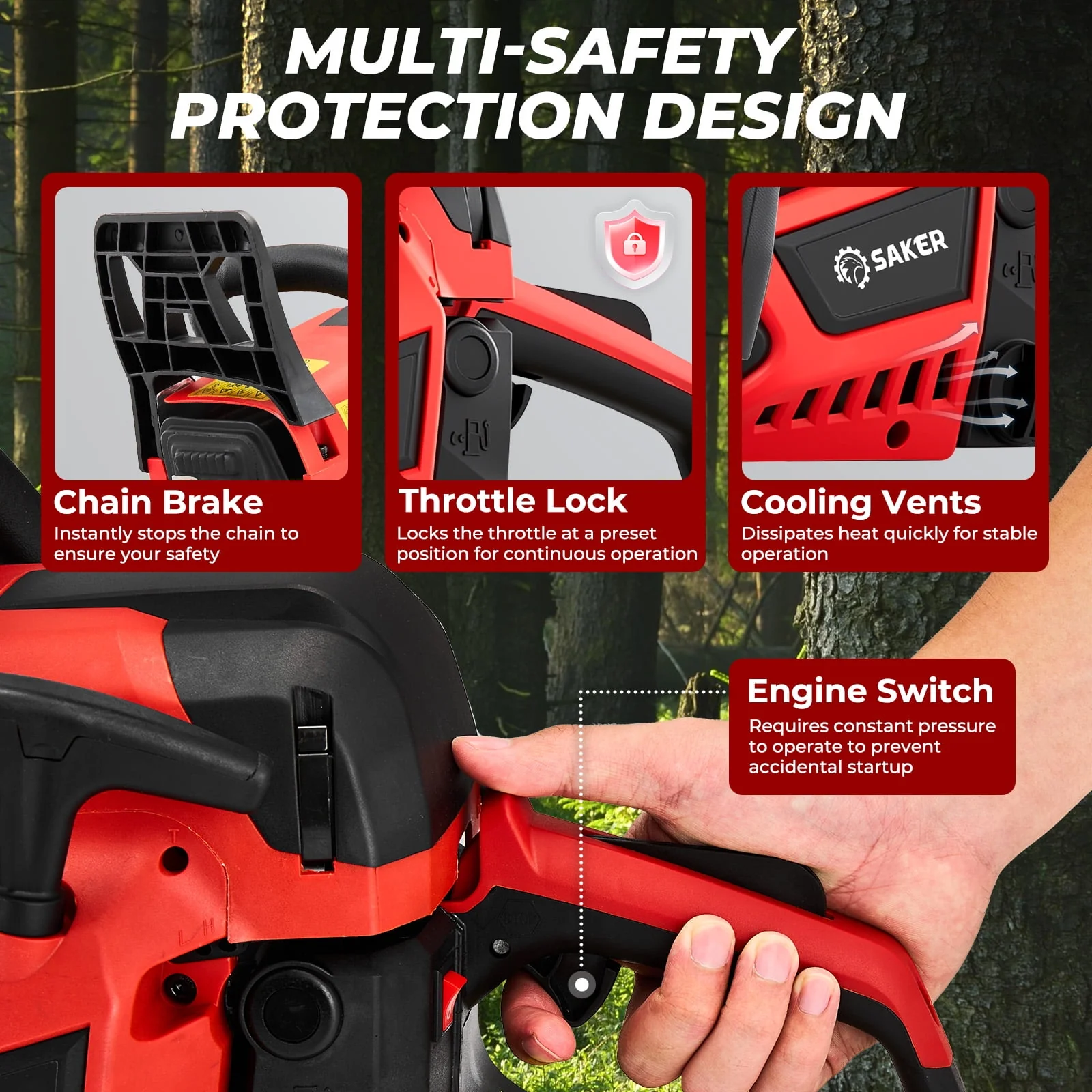 Saker 58cc Gas Chainsaw, 3.2HP 2-Cycle Engine, 20-Inch Manganese Steel Bar, Anti-Vibration Rear Handle, Safety Chain Brake, Model 5800 - Image 4
