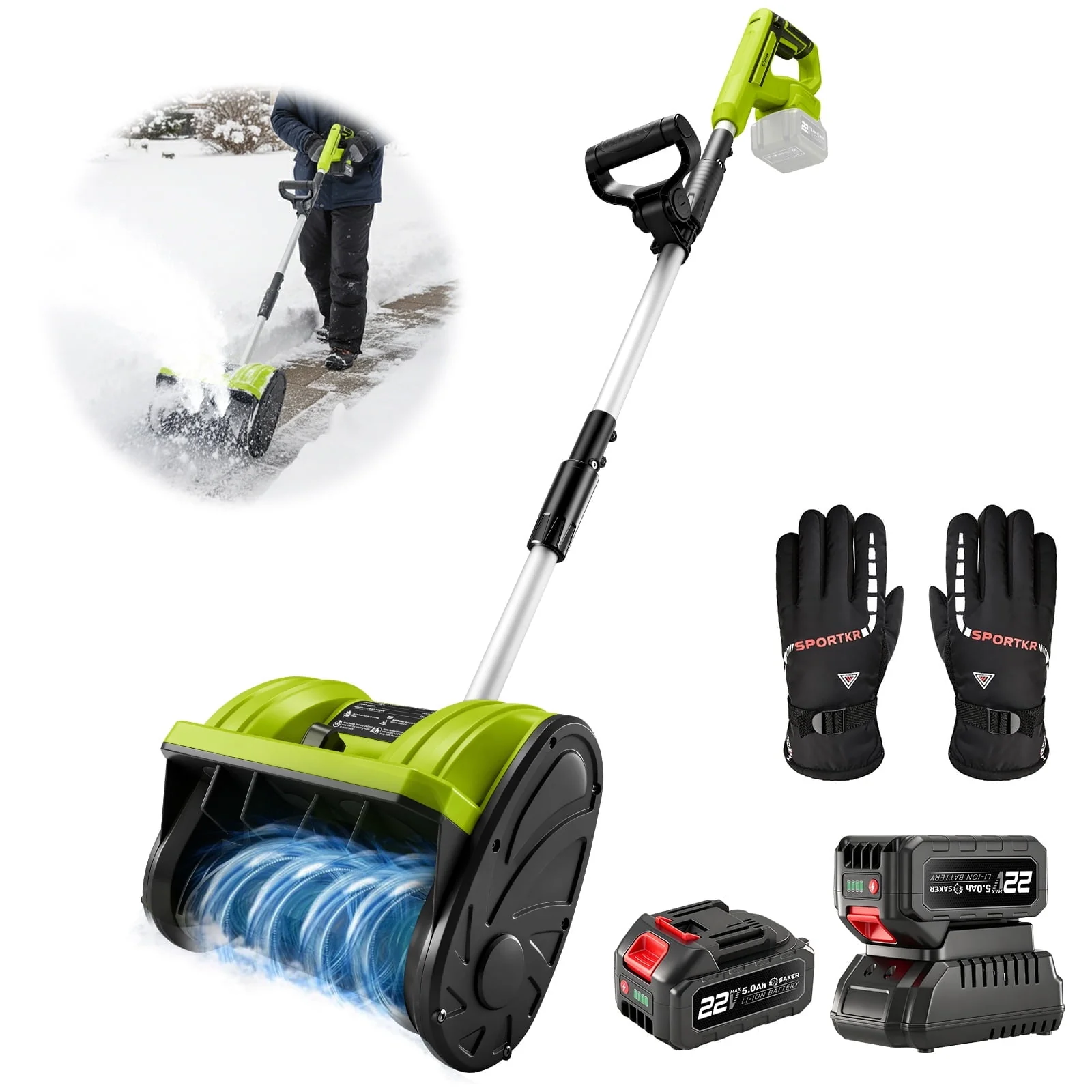 Saker CSS-BL2 Cordless Electric Snow Shovel, 22V Brushless Motor, 12-Inch Clearing Width, 6-Inch Clearing Depth, 2x 5.0Ah Batteries, Adjustable Handle