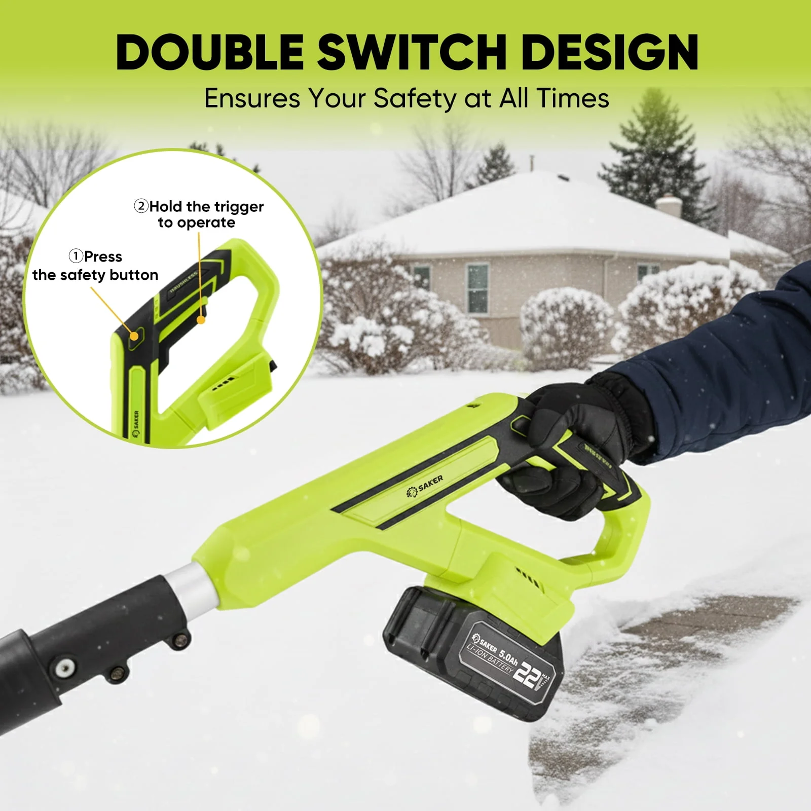 Saker CSS-BL2 Cordless Electric Snow Shovel, 22V Brushless Motor, 12-Inch Clearing Width, 6-Inch Clearing Depth, 2x 5.0Ah Batteries, Adjustable Handle - Image 6