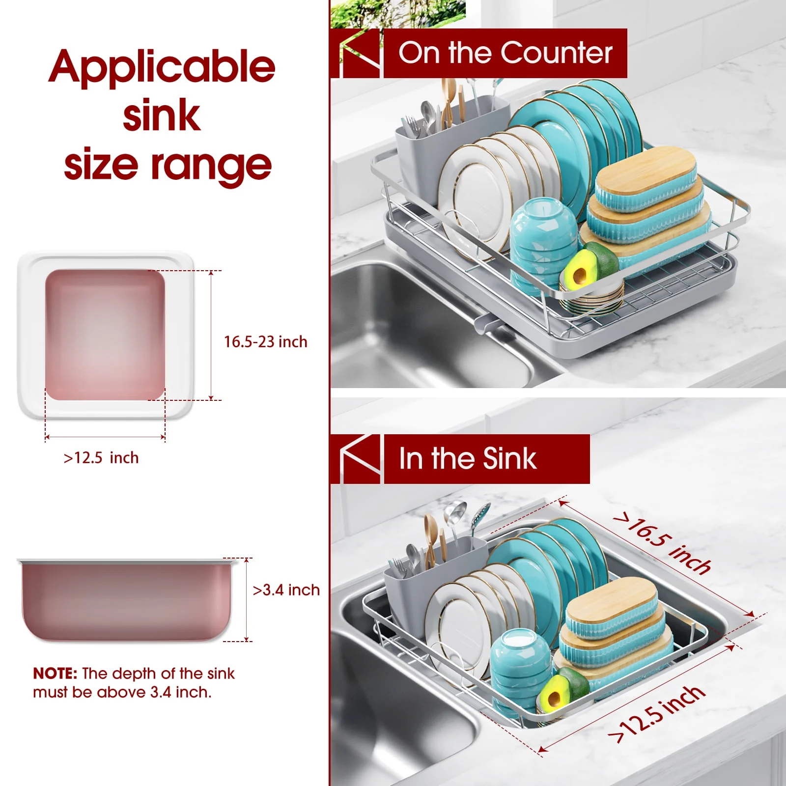 Sakugi US694SI Dish Drying Rack, Compact Dish Racks for Kitchen Counter, Silver, Large - Image 3
