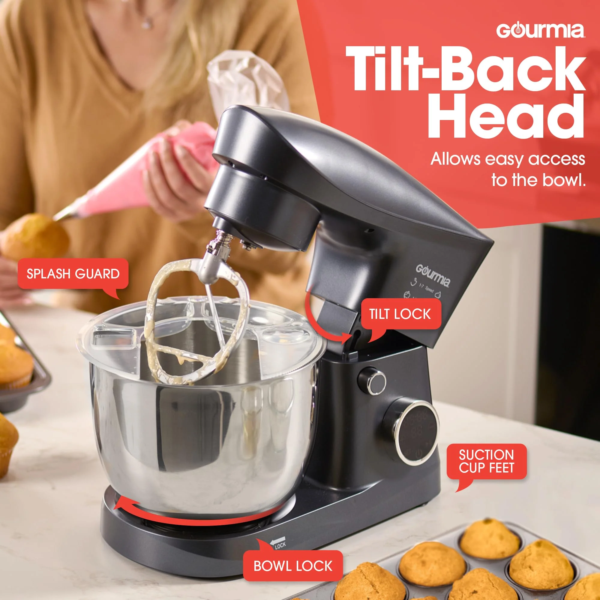 Gourmia 5 Quart Digital Electric Stand Mixer with 10 Speeds, LED Timer, Tilt-Head, Dough Hook, Whisk, Beater, Gray, GSM508 - Image 3