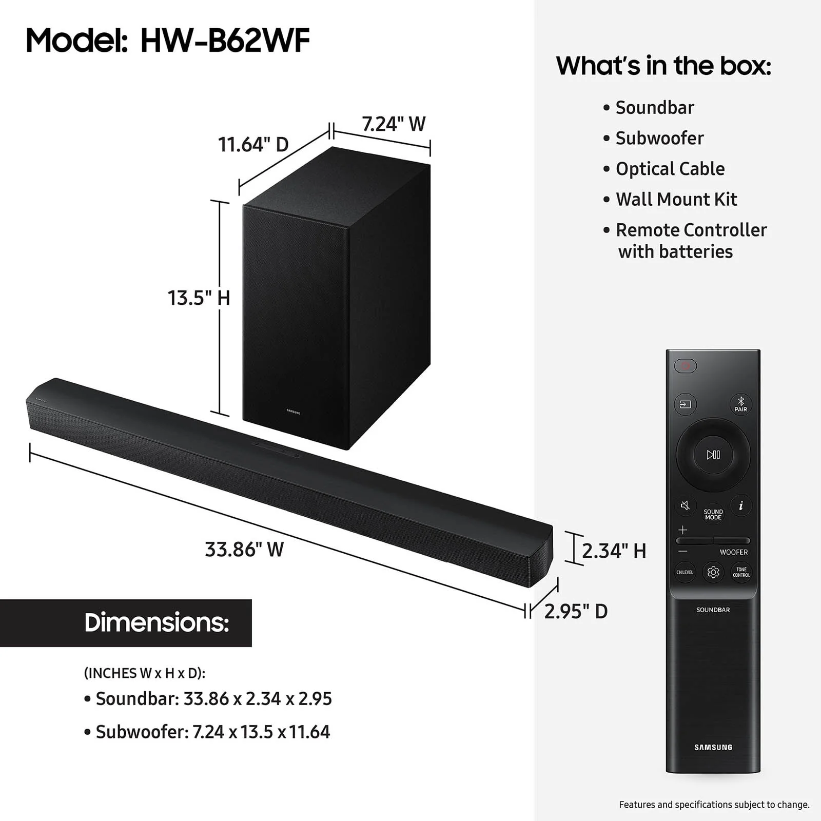 Samsung HW-B62WF/ZA B-series 3.1 Ch DTS Virtual:X Soundbar with Subwoofer, Black - Image 4