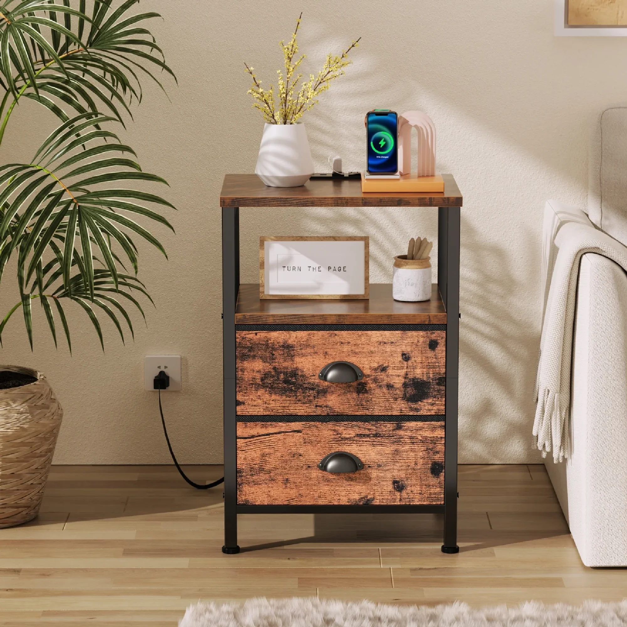 Satifur SAT-018ET Tall LED Nightstand,Bedside Table with Charging Station,2 Fabric Drawers & Shelfs for Bedroo - Image 3