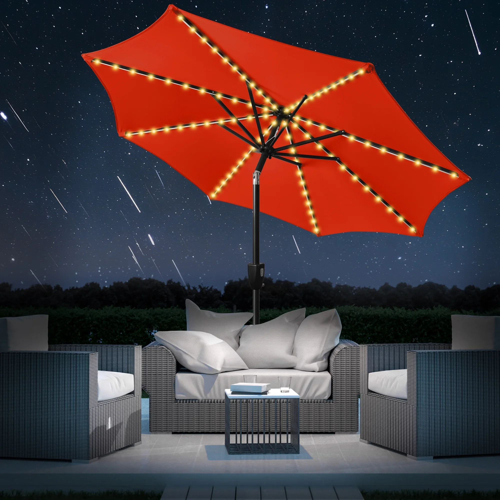 Scafild 7.5ft Outdoor Patio Umbrella with Solar Lights, Red - Image 2