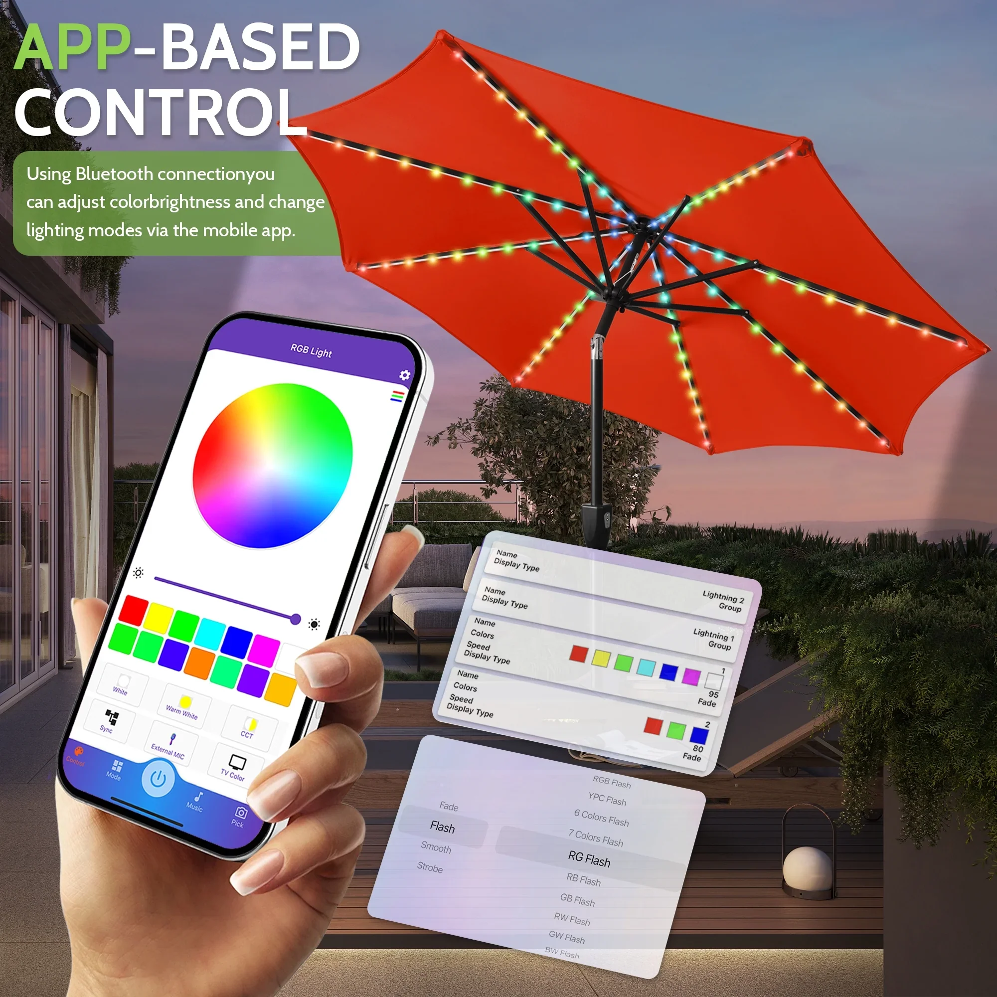 Scafild 7.5ft Outdoor Patio Umbrella with Solar Lights, Red - Image 3