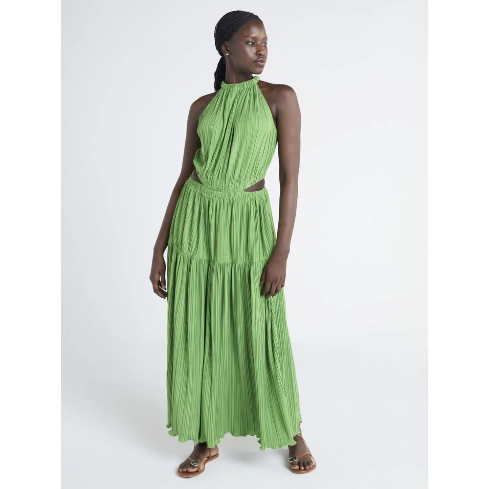 Scoop SS-2148 Womens Plisse Halter Maxi Dress with Cutouts, Sleeveless, XS, Sea Holly