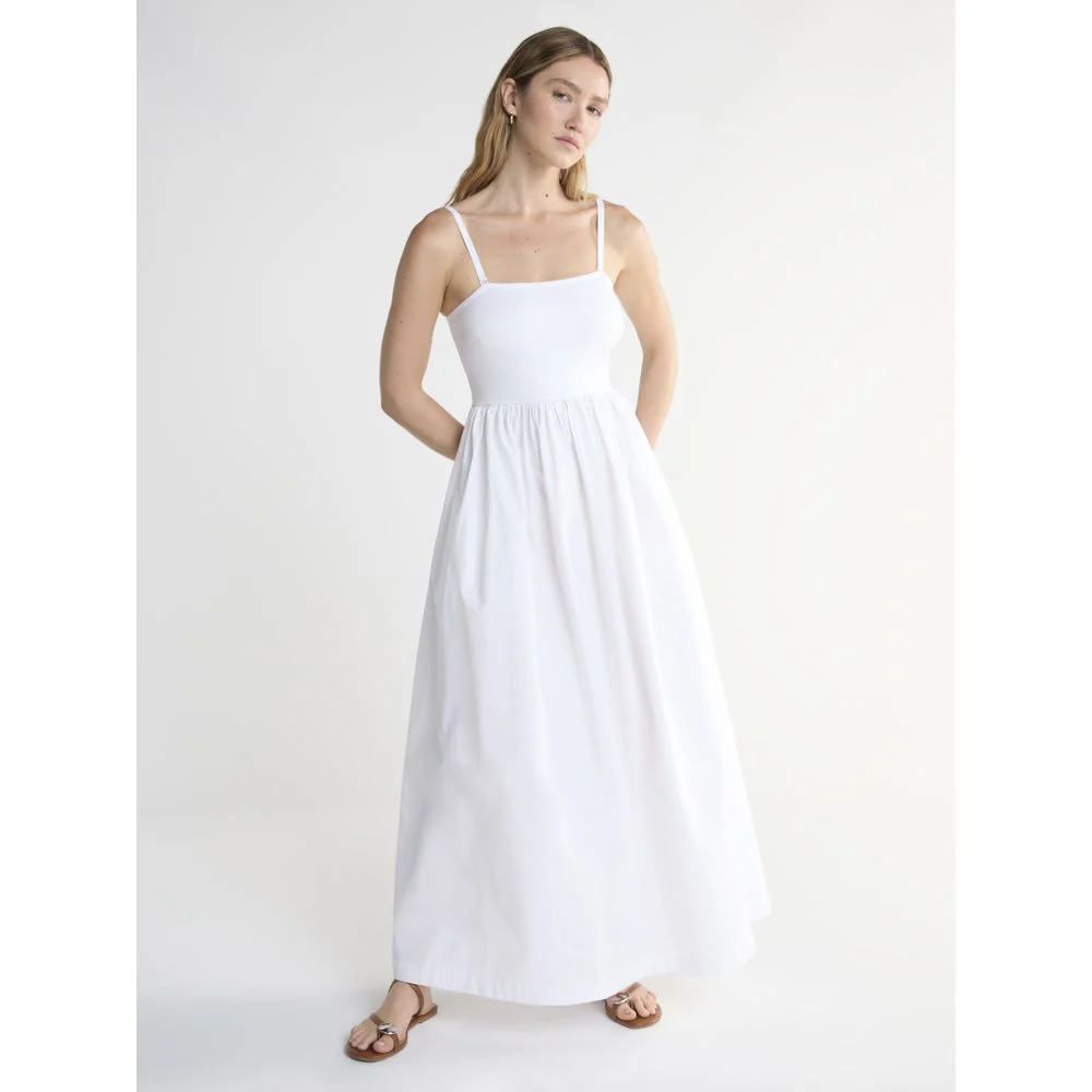 Scoop Womens Strapless Mixed Fabric Maxi Dress, Vivid White, Sleeveless, Pull-On, Two Side Pockets, Sizes XS-XXL