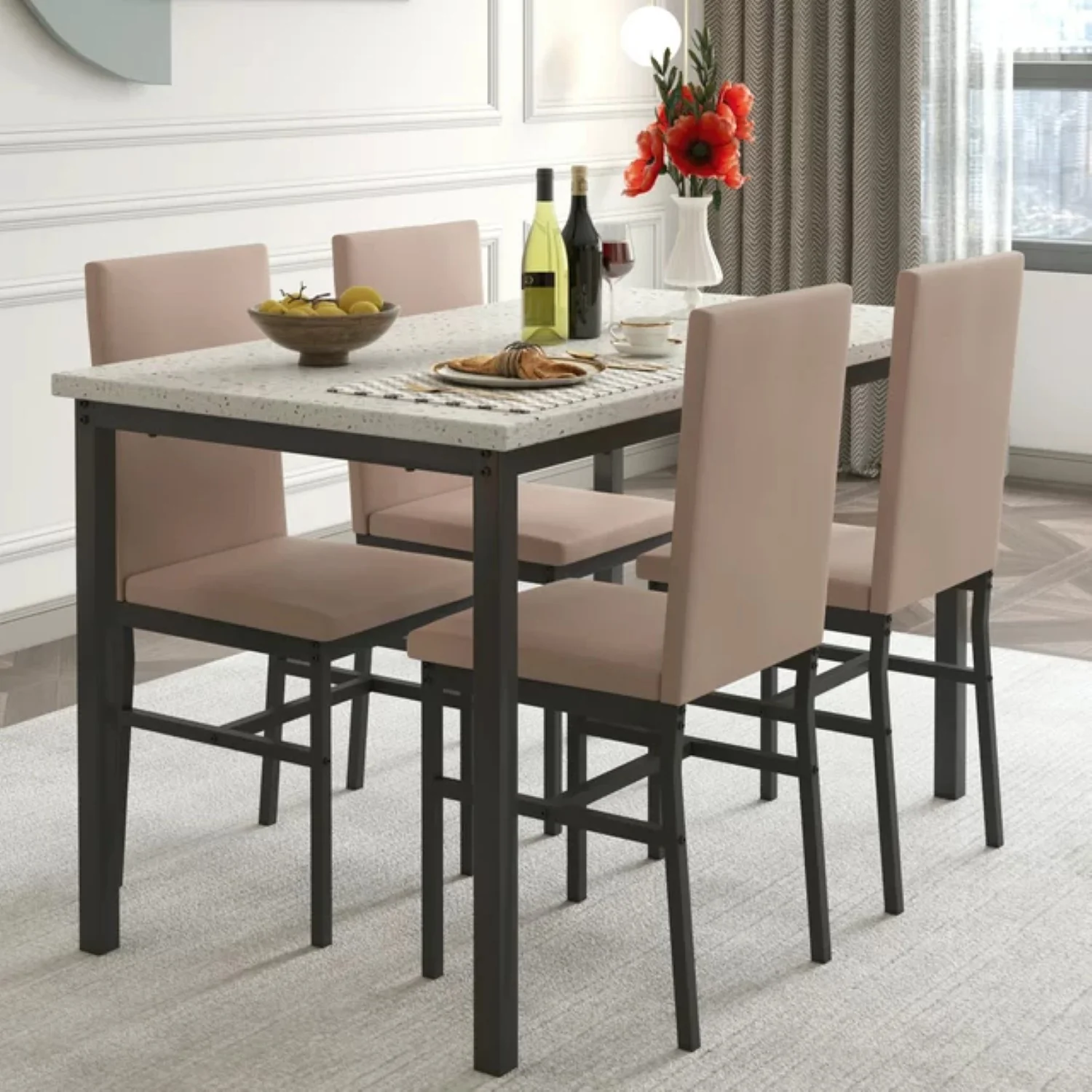 Segmart B1447 5 Piece Kitchen Dining Table and Chair Set, Khaki