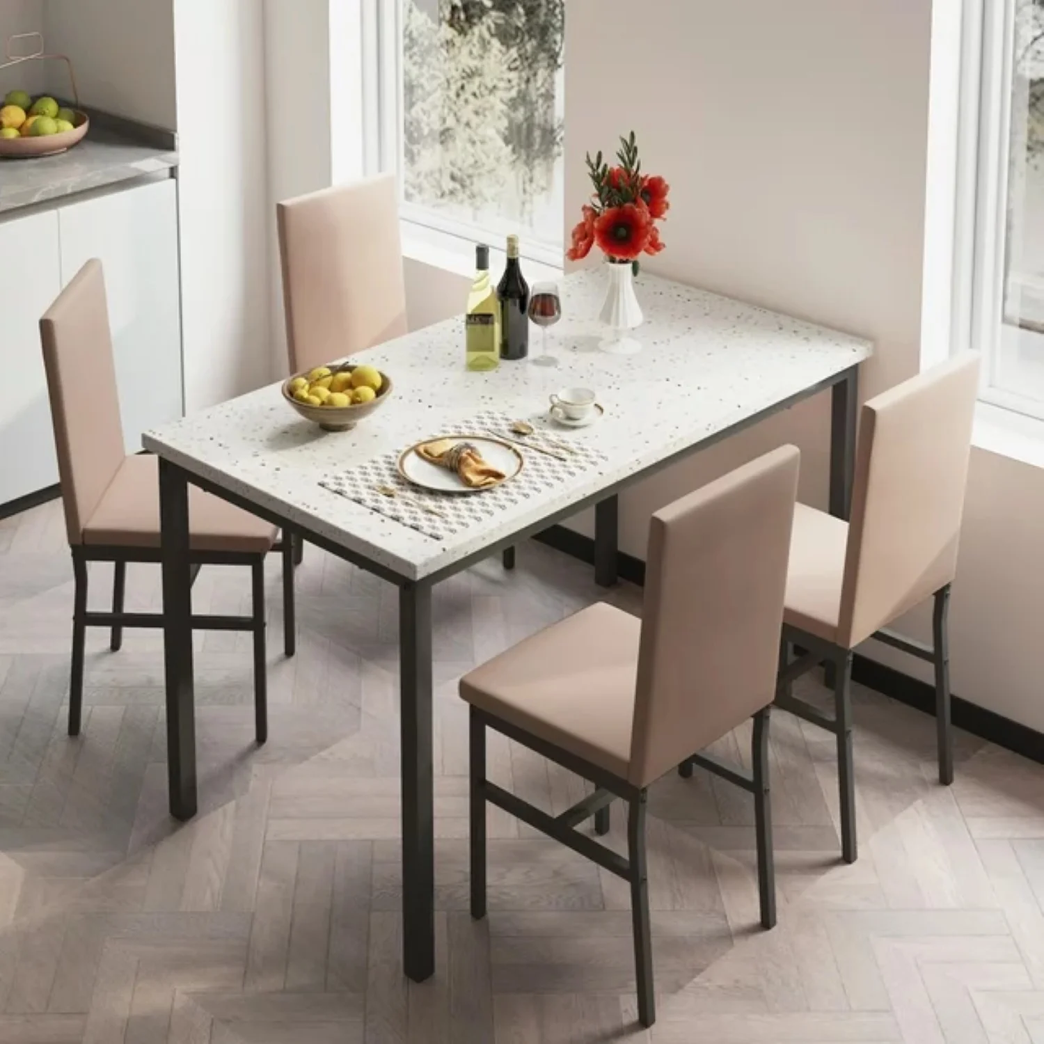 Segmart B1447 5 Piece Kitchen Dining Table and Chair Set, Khaki - Image 2