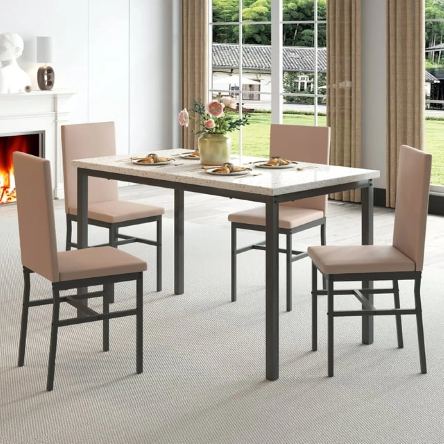 Segmart B1447 5 Piece Kitchen Dining Table and Chair Set, Khaki - Image 3