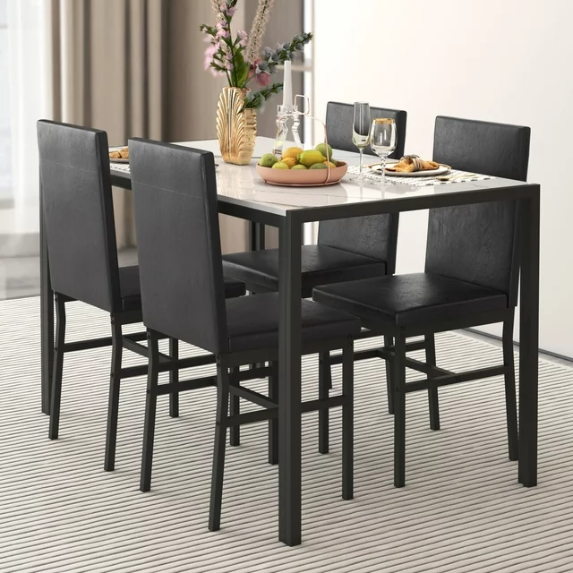 Segmart B1453 5 Piece Dining Room Table Set w/Faux Marble Table PU Leather Padded Chairs, White & Black