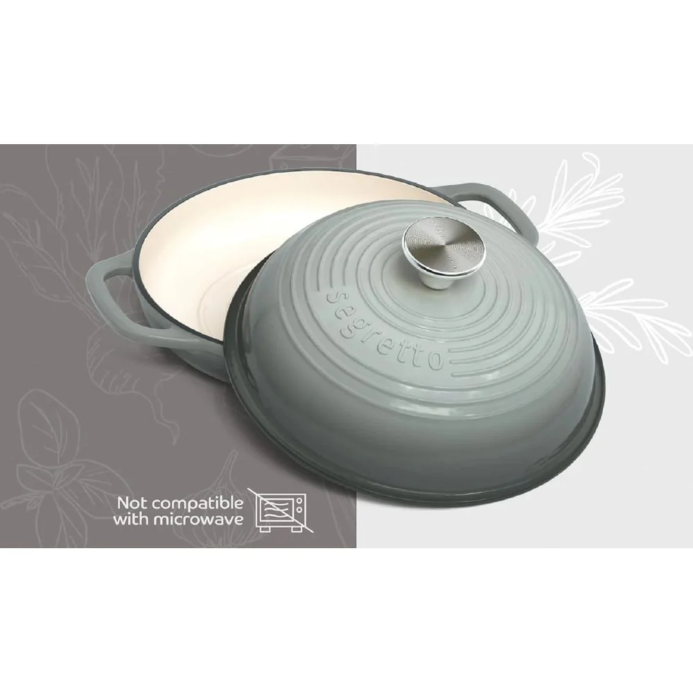 Segretto Cookware 11" Enameled Cast Iron Dutch Oven for Bread, Bread Maker Pan with Lid, Gray - Image 2