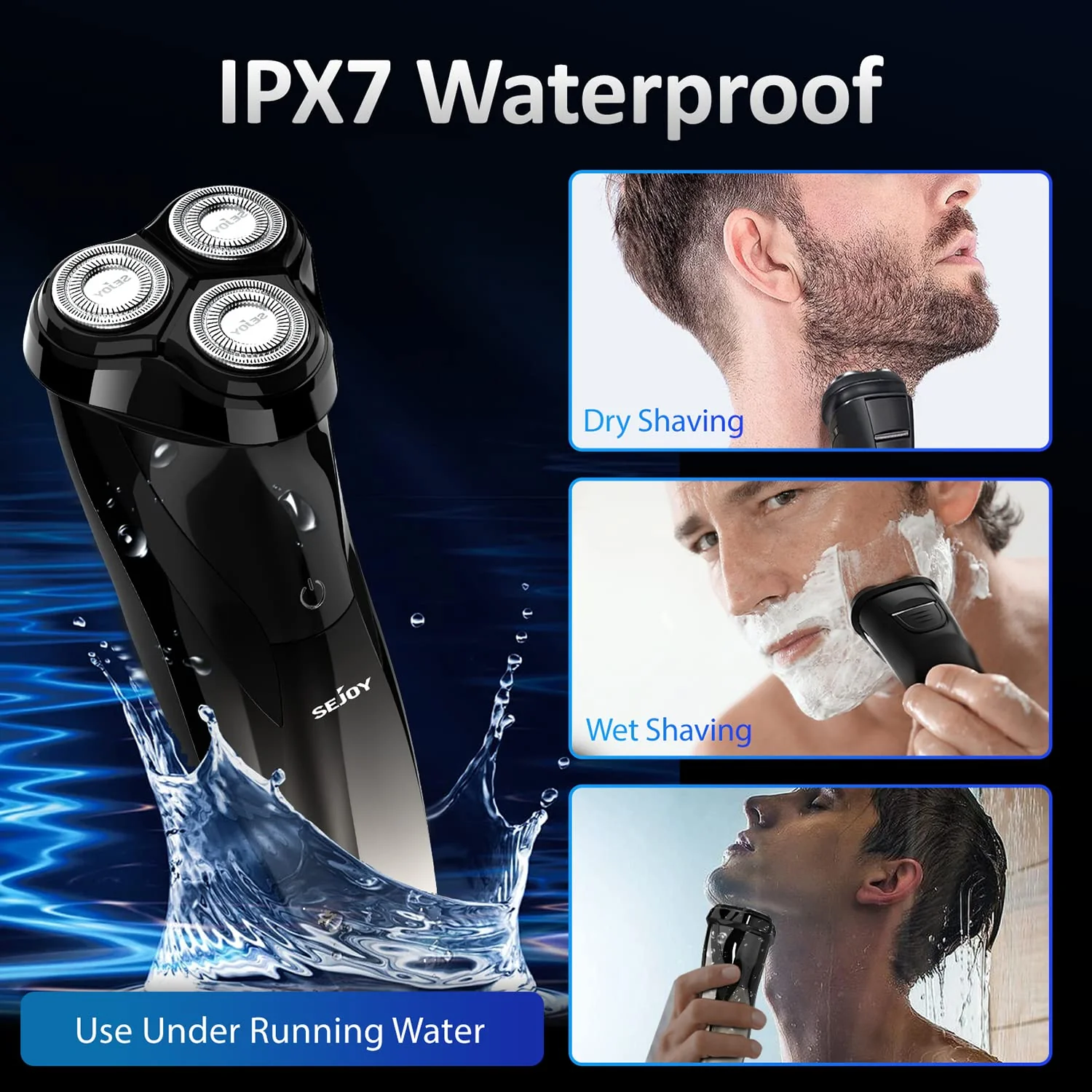 Sejoy Electric Razor for Men, 3D Rotating Heads, Pop-Up Trimmer, IPX7 Waterproof, 1400mAh Battery, Floating Cutting Head, Black - Image 5