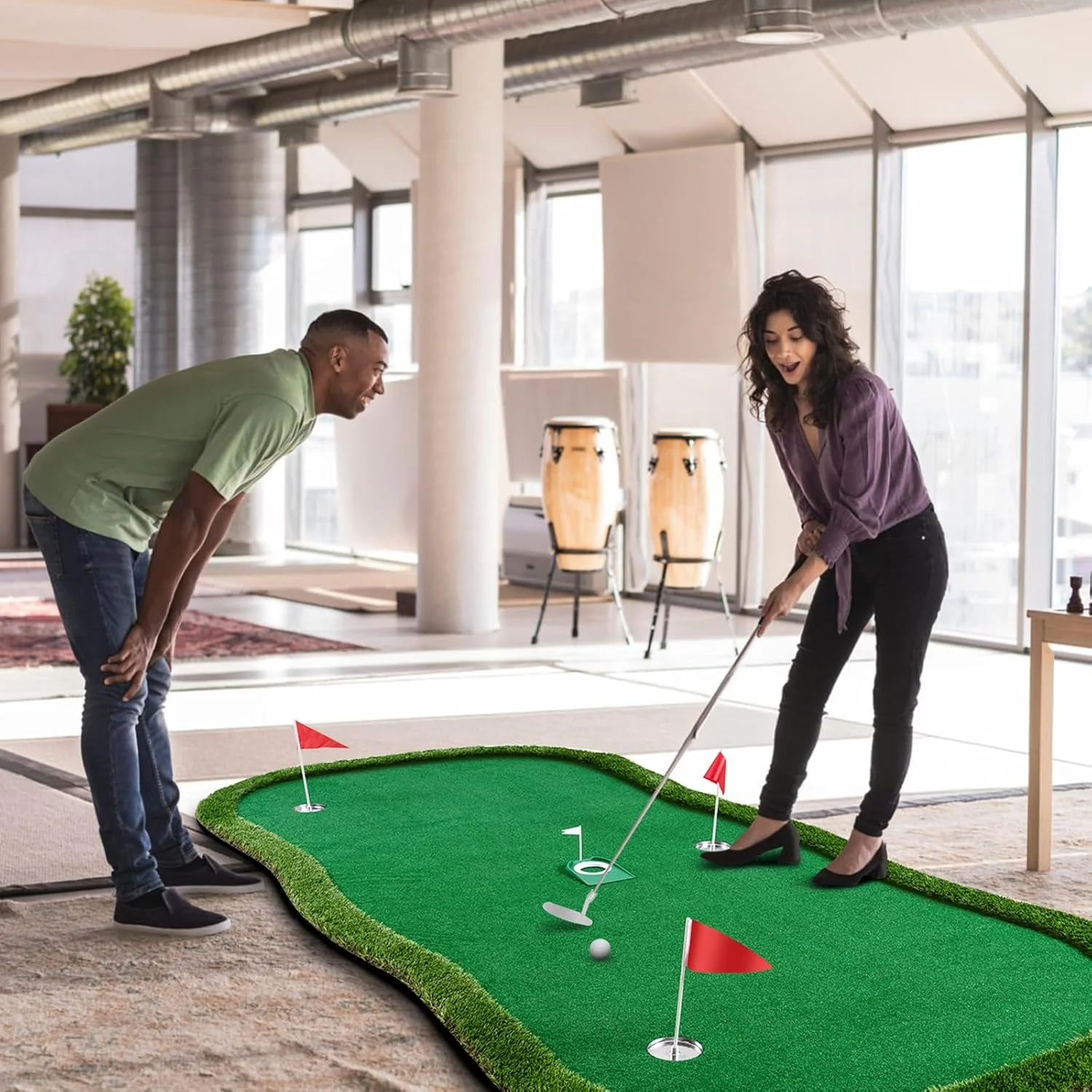 SELPON Golf Putting Mat, Professional Training Green with 3 Flags, Movable Cup, Rubber Base, 5x10ft - Image 6