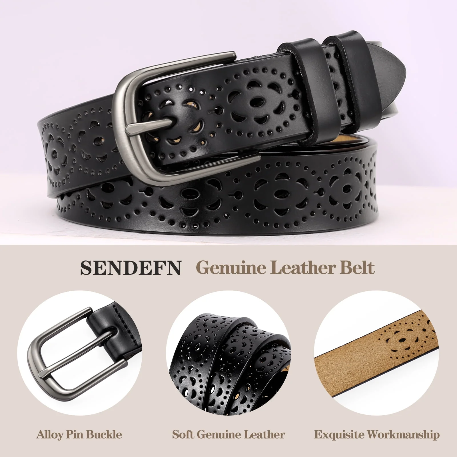 SENDEFN Women Leather Buckle Belts, Genuine Leather Strap with Zinc Alloy Pin Buckle, Adjustable 24-38 in Waist, 2 Pack - Image 5