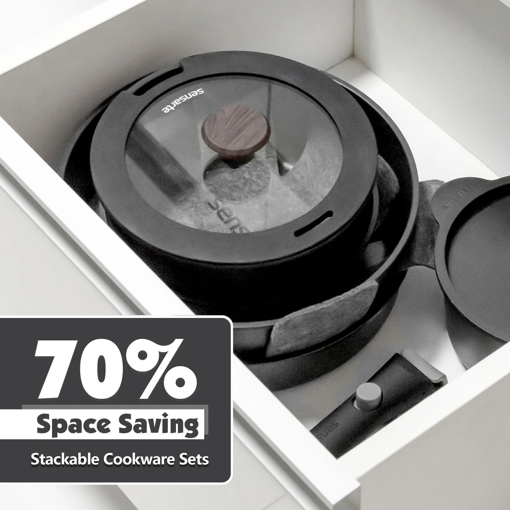 SENSARTE SA-SET47-18PCS-Black Nonstick Pots & Pans Set W/Removable Handle, 18Pcs Healthy Nonstick Cookware Set - Image 3