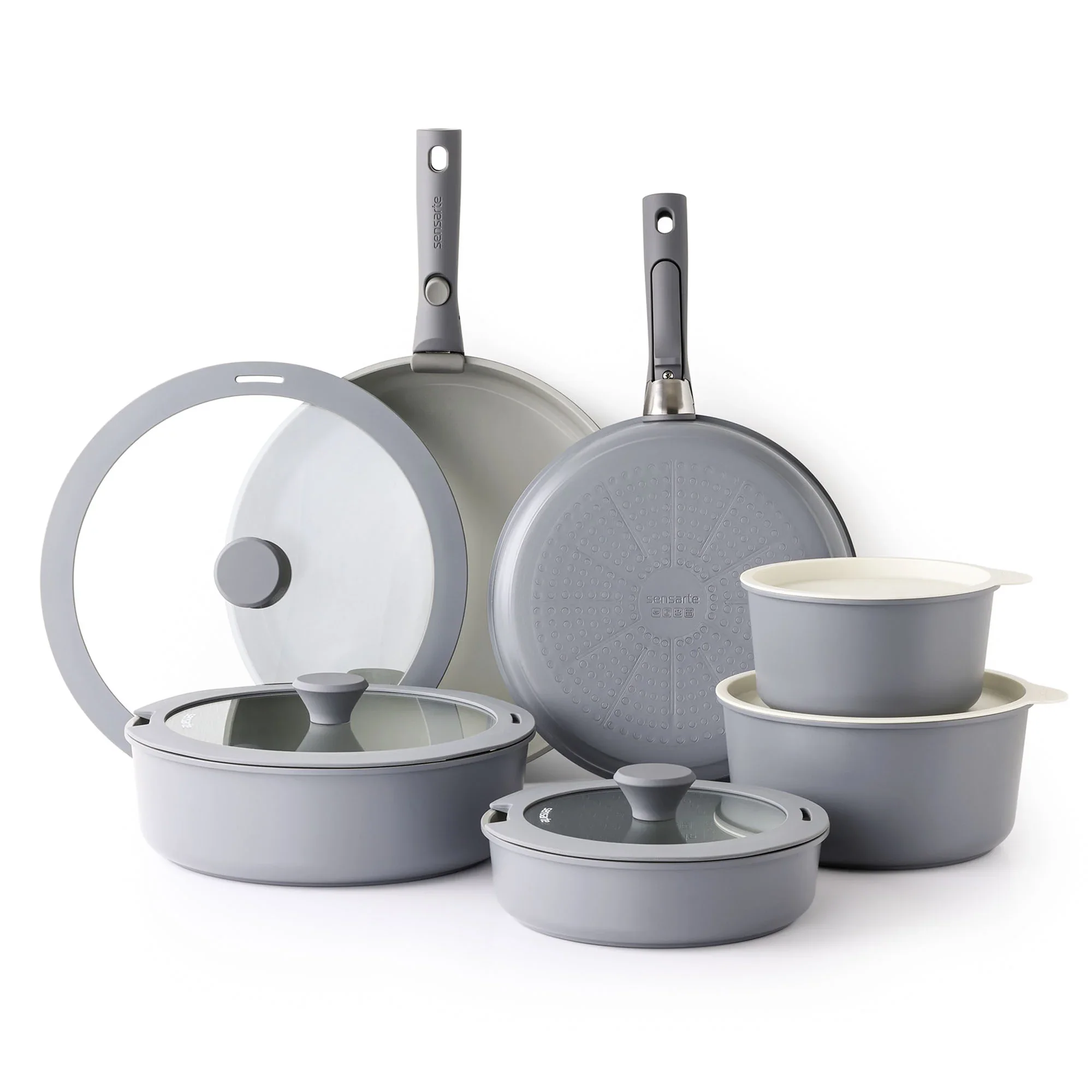 SENSARTE SA-SET47-18PCS-Gray Nonstick Ceramic Pots and Pans Set with Detachable Handle, 18-Pieces, Gray