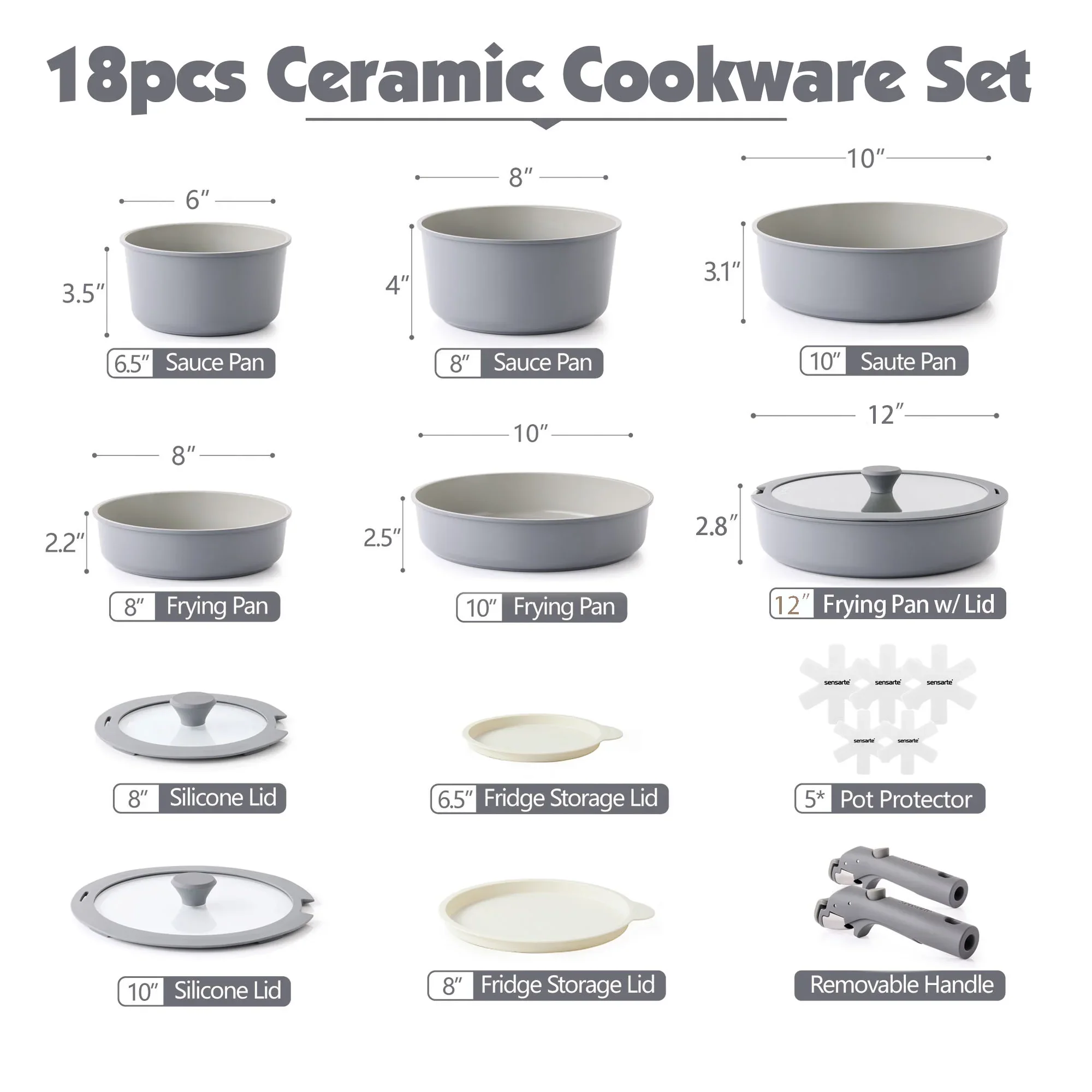 SENSARTE SA-SET47-18PCS-Gray Nonstick Ceramic Pots and Pans Set with Detachable Handle, 18-Pieces, Gray - Image 2