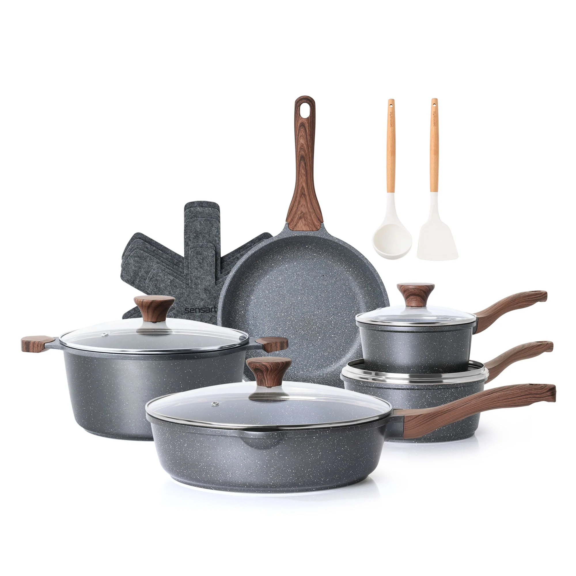 SENSARTE SA-YJ7-5GREY-SET Nonstick Pots and Pans Set, 17 Pieces Non Stick Granite Cookware Set, Gray, PFOA Free