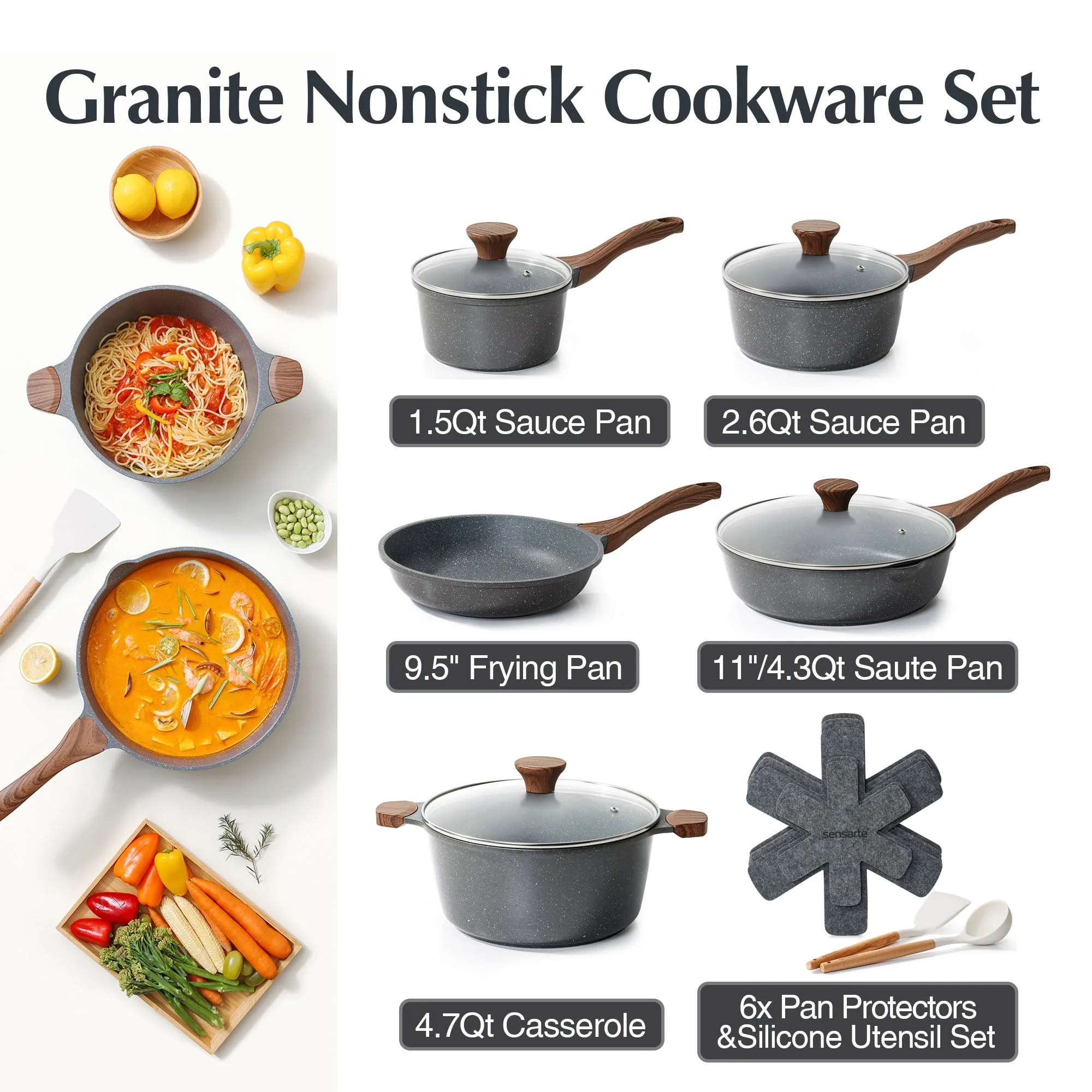 SENSARTE SA-YJ7-5GREY-SET Nonstick Pots and Pans Set, 17 Pieces Non Stick Granite Cookware Set, Gray, PFOA Free - Image 2
