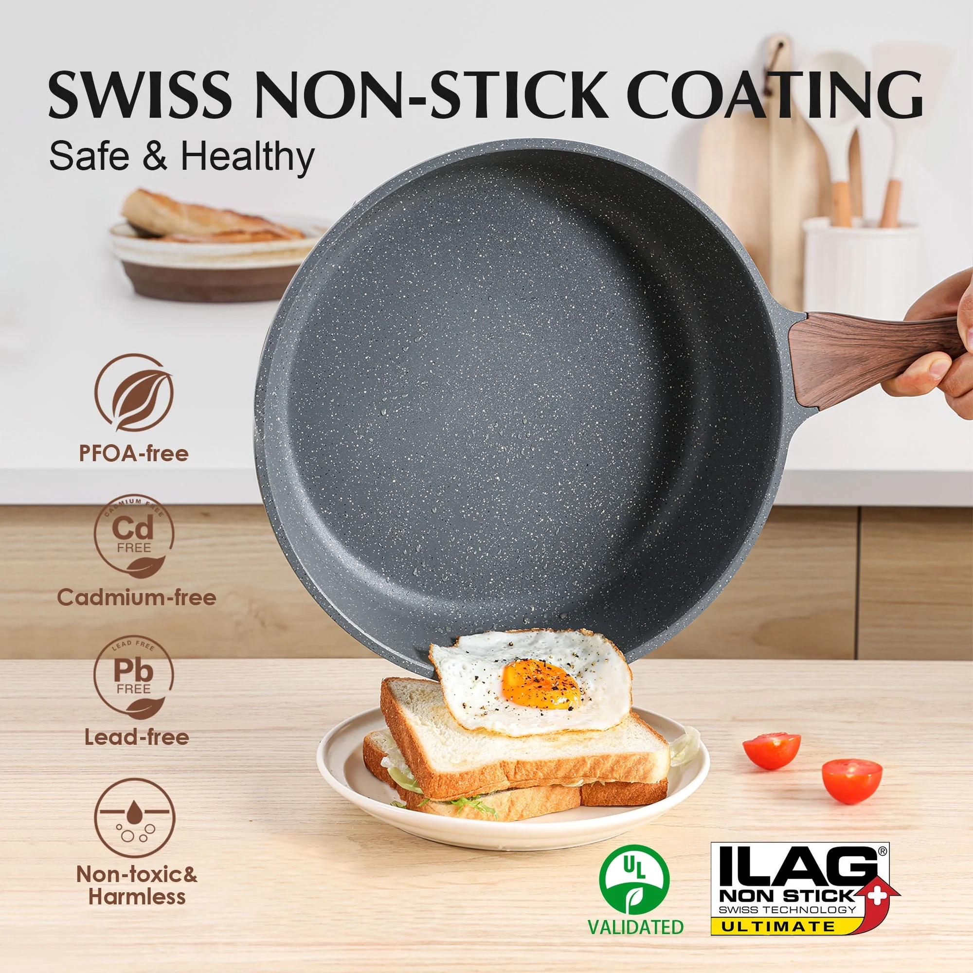 SENSARTE SA-YJ7-5GREY-SET Nonstick Pots and Pans Set, 17 Pieces Non Stick Granite Cookware Set, Gray, PFOA Free - Image 3