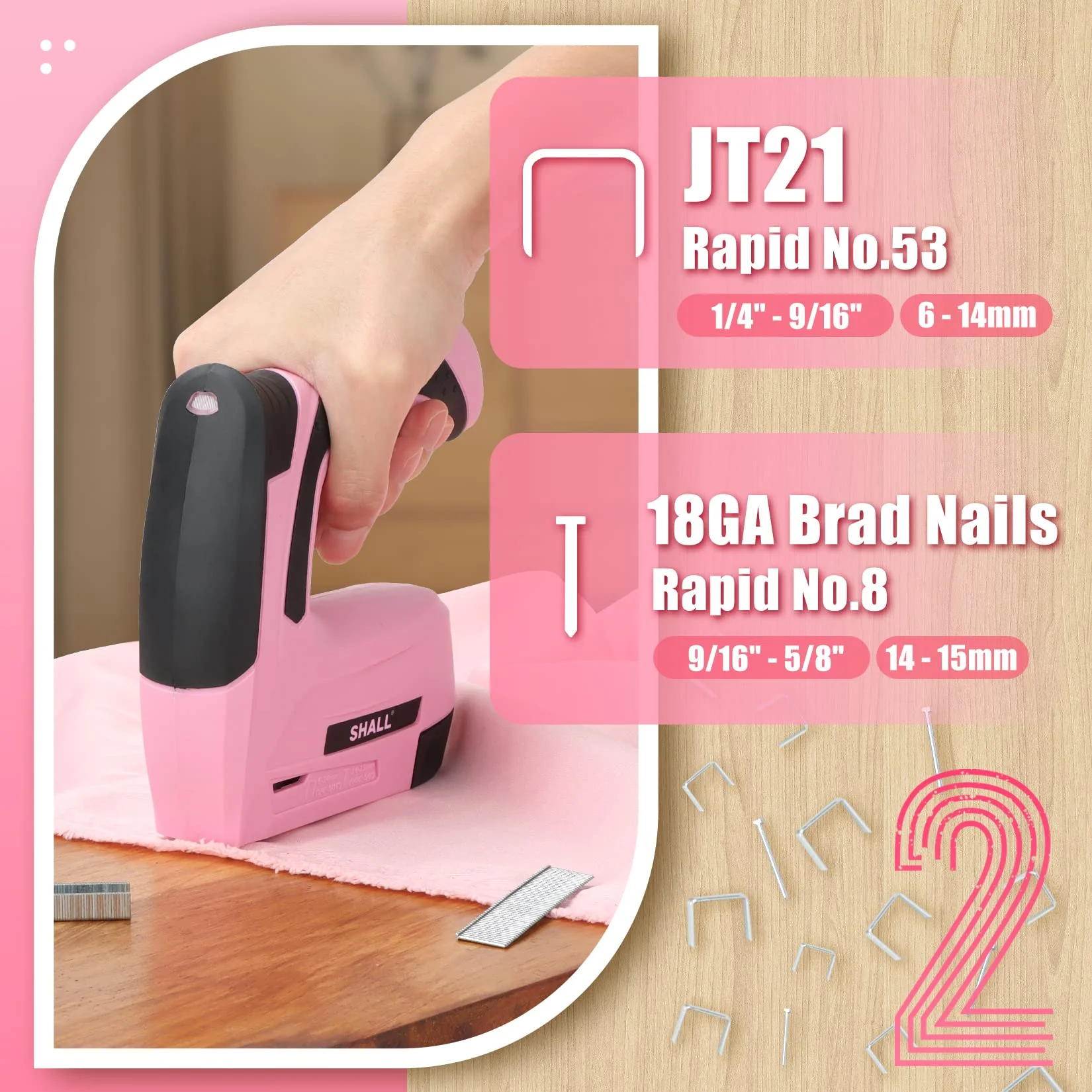 SHALL Pink Electric Staple Gun, 2-in-1 Cordless Stapler and Brad Nailer, 4V Lithium-Ion Battery, Lightweight Ergonomic Design, Includes 2500 Staples and Fast Charger