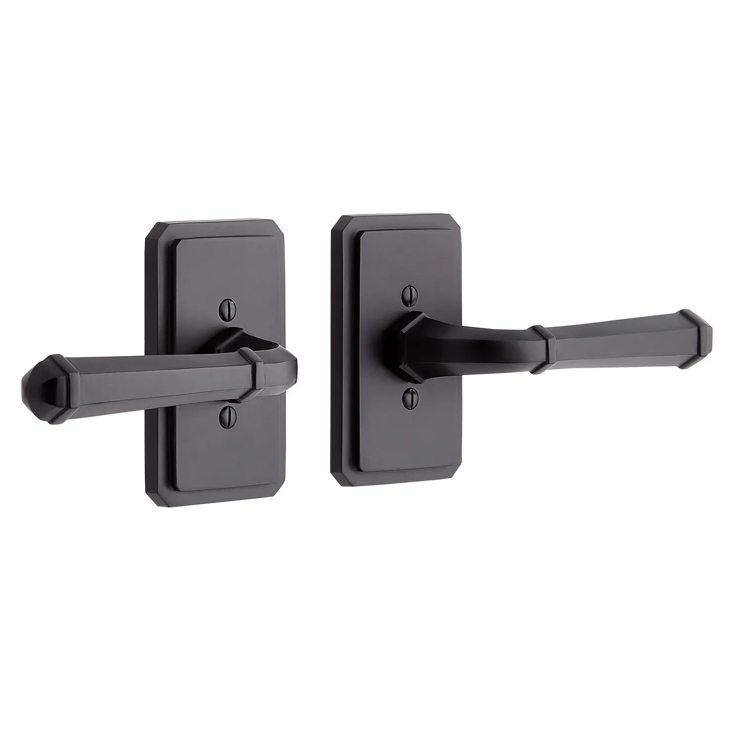 Signature Hardware 479331 Solid Brass Dummy Interior Door Set w/ Sculpted Square Lever Handle - Left Hand - No Backset - Matte Black