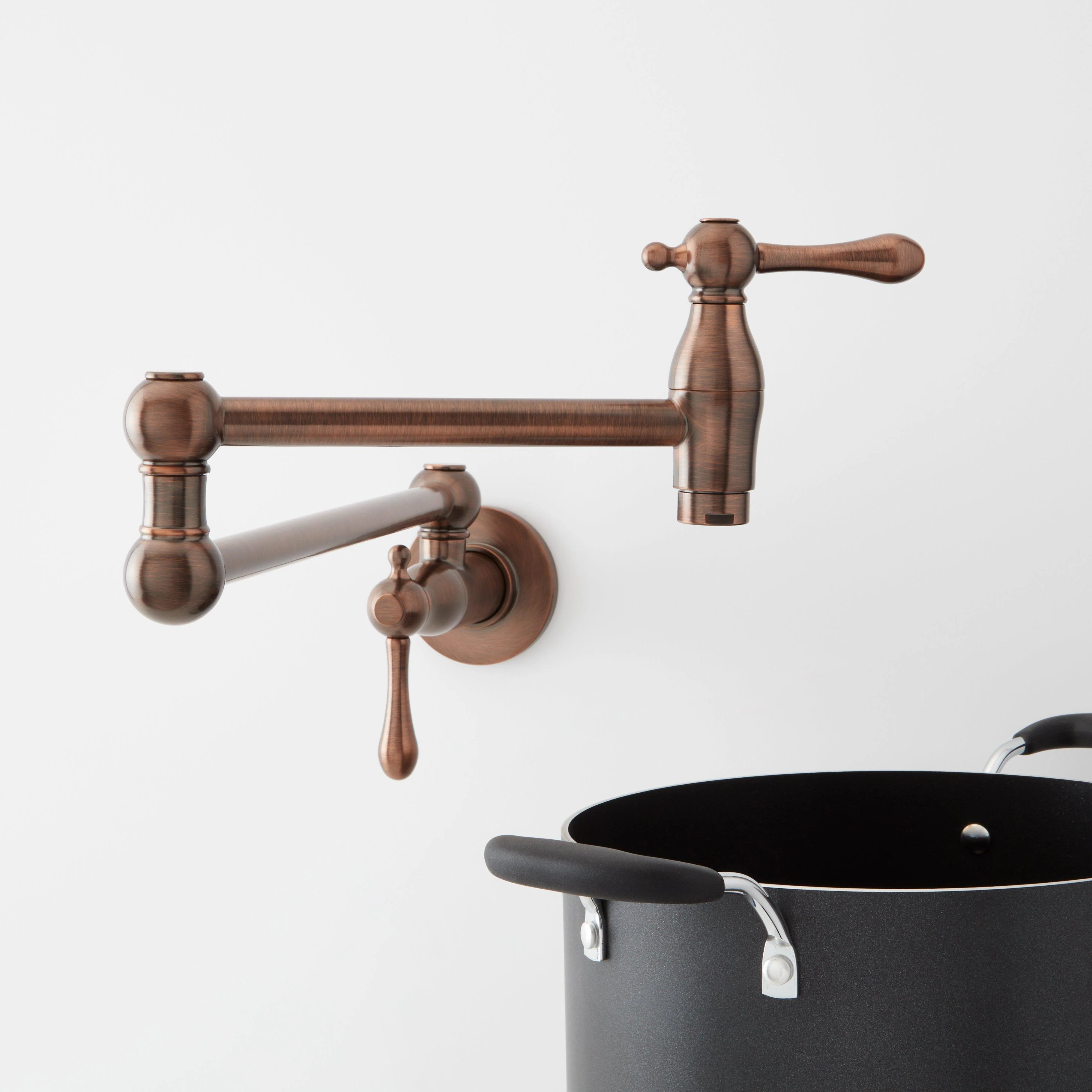 Signature Hardware 488320 4.6 GPM Double Handle Wall Mounted Retractable Pot Filler Oil Rubbed Bronze Faucet Pot Filler Double Handle
