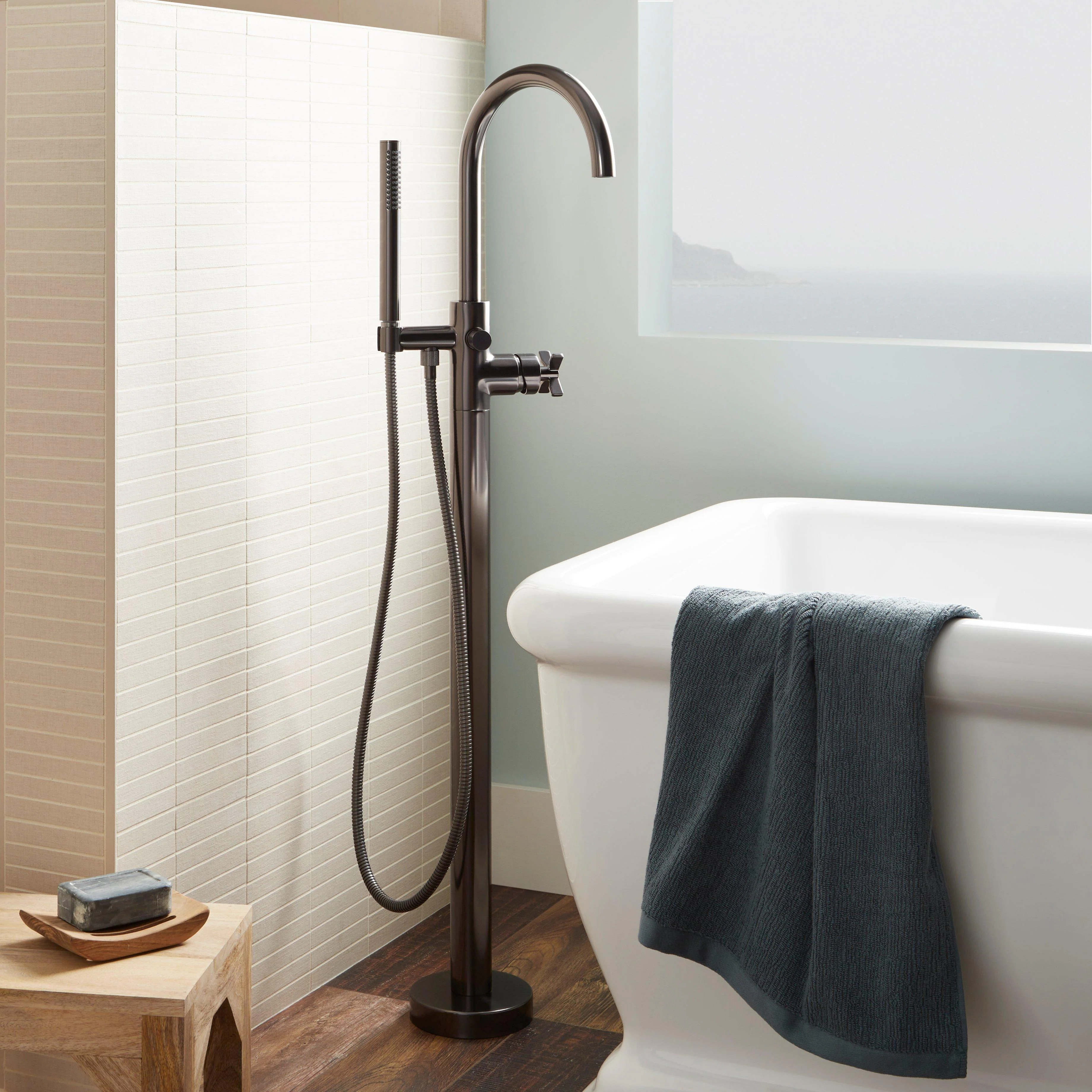 Signature Hardware 488905 953798 Vassor Floor Mounted Tub Filler Faucet with Hand Shower, Gunmetal