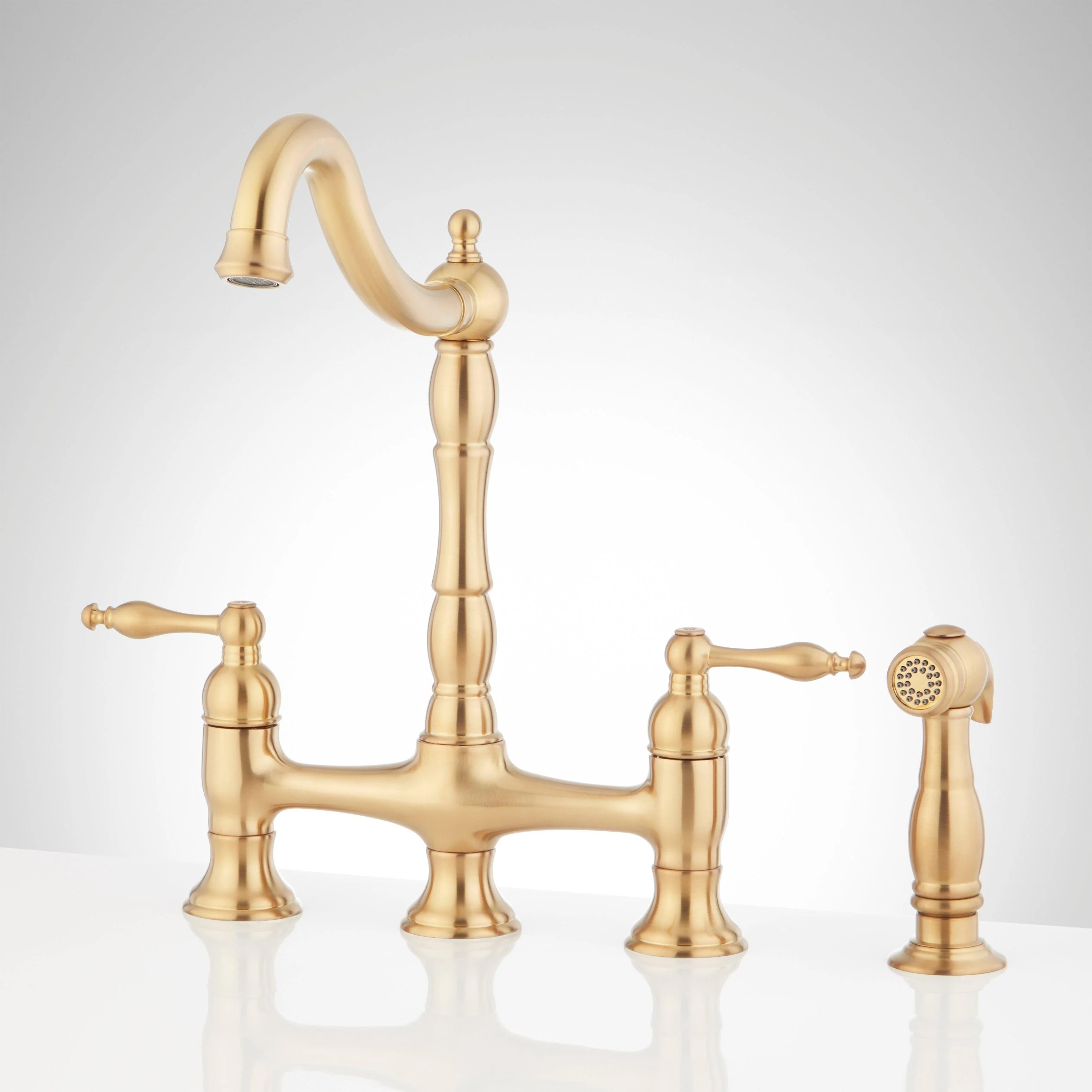 Signature Hardware 497562 Delacour 1.75 GPM Double Handle Bridge Kitchen Faucet with Side Spray, Brushed Gold