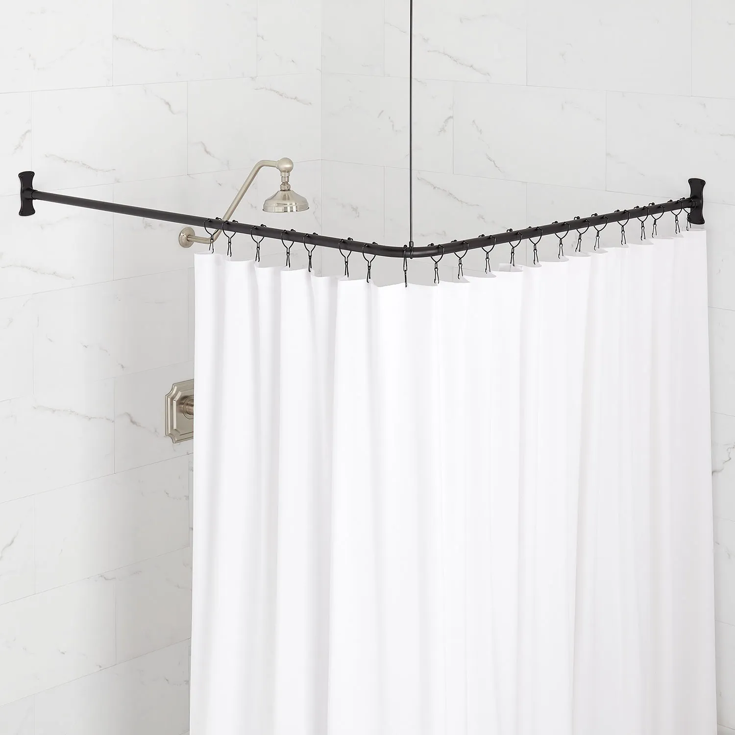 Signature Hardware AF1910-6-BG 72" x 36" Corner Brass Shower Rod WITH Flanges and Ceiling Support, Matte Black