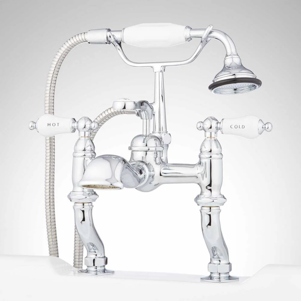 Signature Hardware HL-308N-N-C-U Glenwood Variable Centers Rim Mount English Faucet With Hand Shower & Porcelain Lever Handles - Chrome