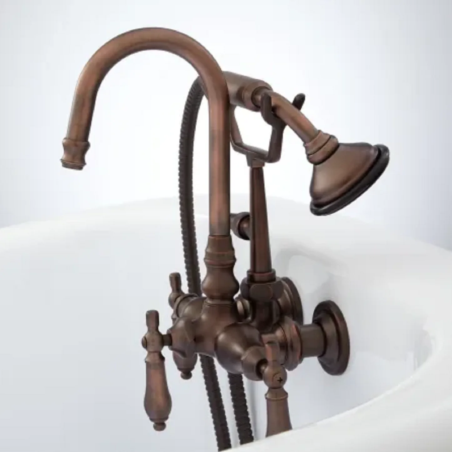 Signature Hardware RL-402-ML-ORB Gooseneck Tub Faucet with Hand Sprayer and Metal Lever Handles - Oil Rubbed Bronze. Showerhead and escutcheon to be made of brass plate. - Image 2
