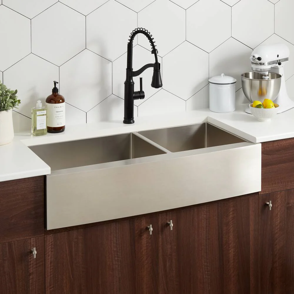 Signature Hardware SH229022SS Handmade 304 Stainless Steel - 16 ga - 60/40 Split - Apron Front Kitchen Sink