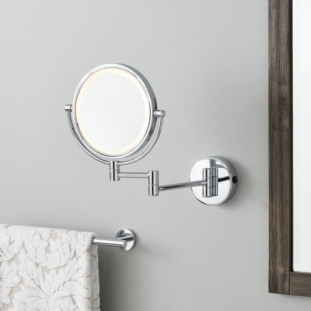 Signature Hardware SH662008CP R2008 LED Double Sided Wall mount Make-Up Mirror w/E2 Escutcheon - rocker switch - 267x321x52 - Side 1 plain, Side 2 5x mag - 3000K - Hardwired - Chrome Plated