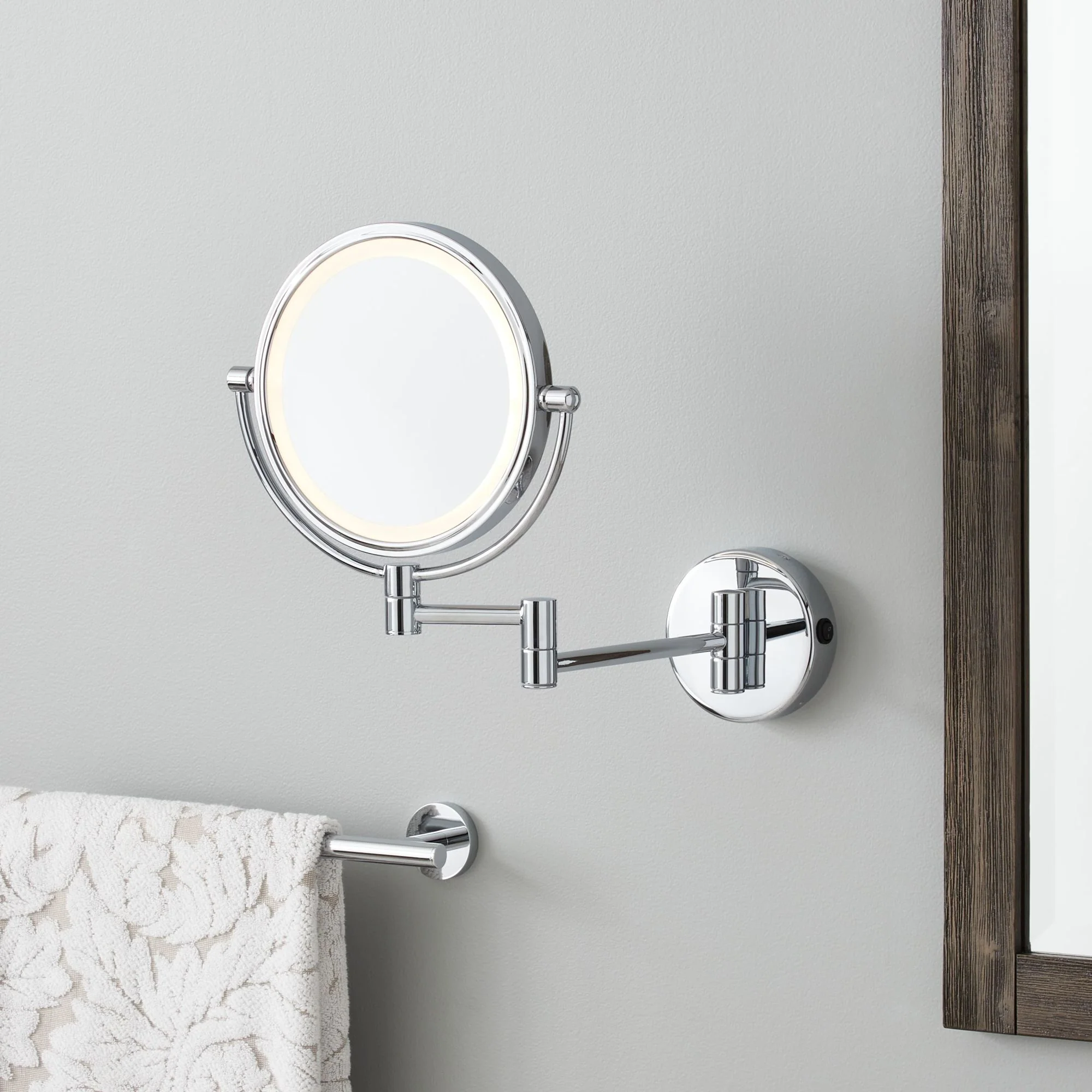Signature Hardware SH662008CP R2008 LED Double Sided Wall mount Make-Up Mirror w/E2 Escutcheon - rocker switch - 267x321x52 - Side 1 plain, Side 2 5x mag - 3000K - Hardwired - Chrome Plated - Image 2